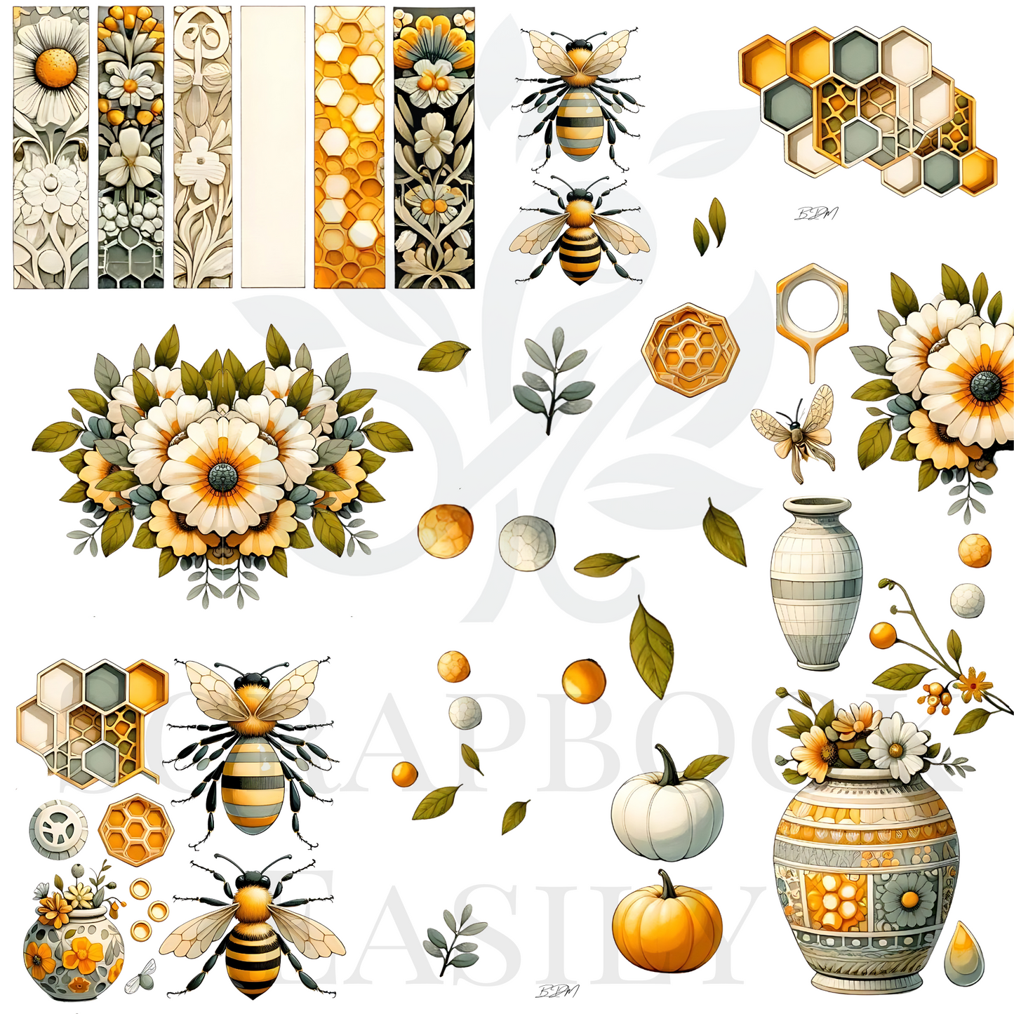 Discover Scrapbook Easily's Ephemera Bees & Botanicals: Features a lush arrangement of floral, bee, & hexagonal patterns, enhancing any scrapbook layout. Check out more at www.scrapbookeasily.com.