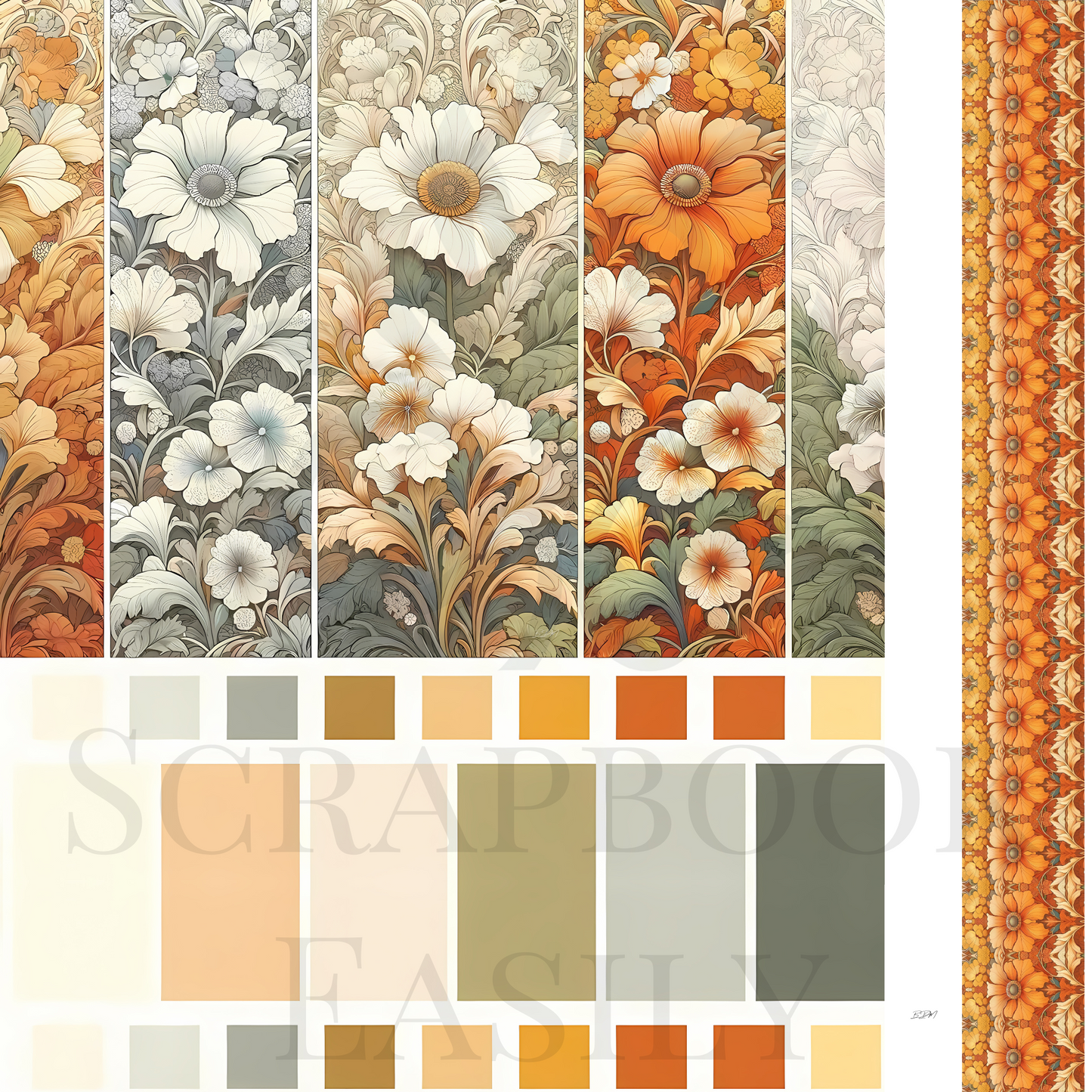 Ephemera scrapbooking decorations featuring a vertical cascade of large white & orange flowers with intricate green foliage for creative papercraft projects at Scrapbook Easily.