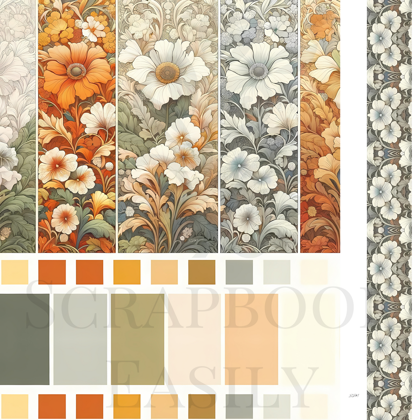 Papercraft decorations: Ephemera series with detailed panels of white & orange blossoms entwined with lush leaves, ideal for crafting & decoration, available at www.scrapbookeasily.com.