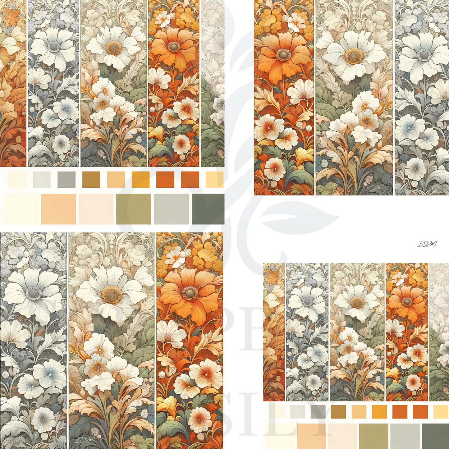 Vertical strips of ephemera papercraft decorations with a delicate cascade of white flowers & detailed greenery for sophisticated scrapbooking projects.