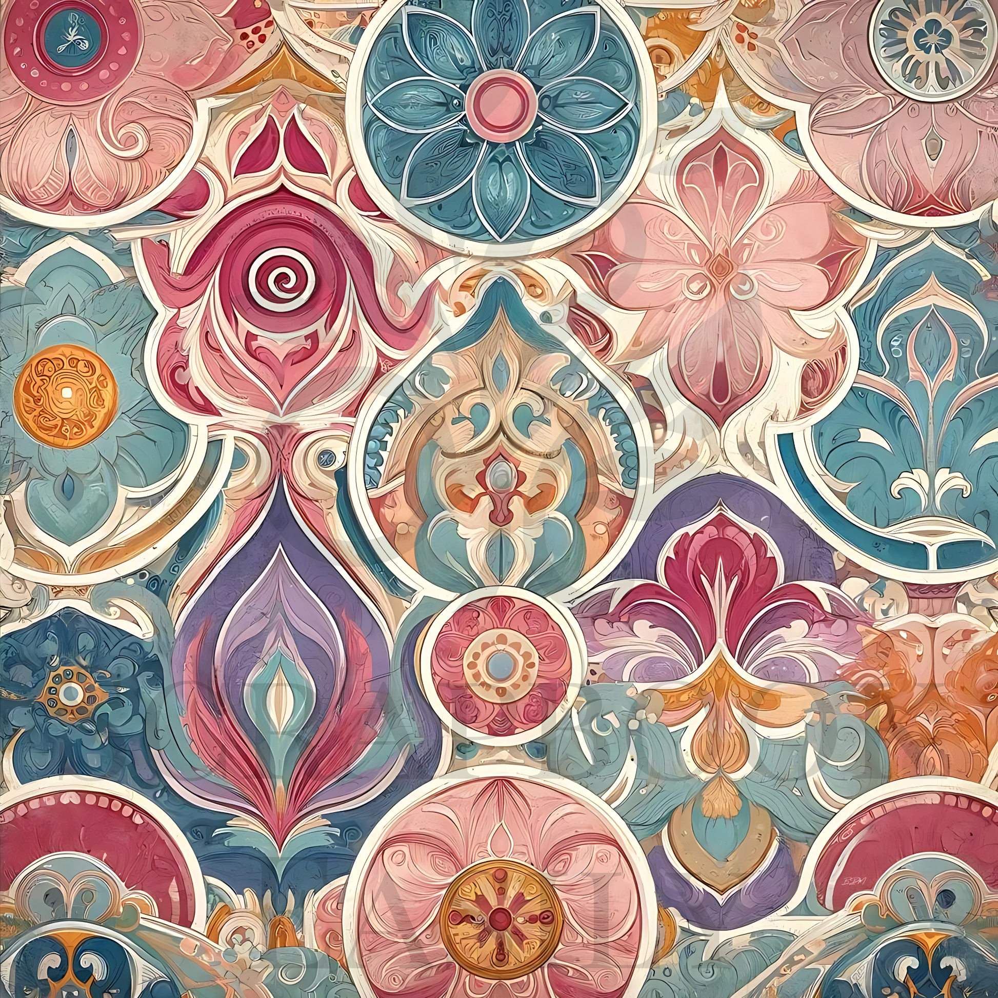 Download vintage-inspired Fresco Flourish 1 artwork with swirling floral & paisley patterns in soft pastels for scrapbooking at Scrapbook Easily.