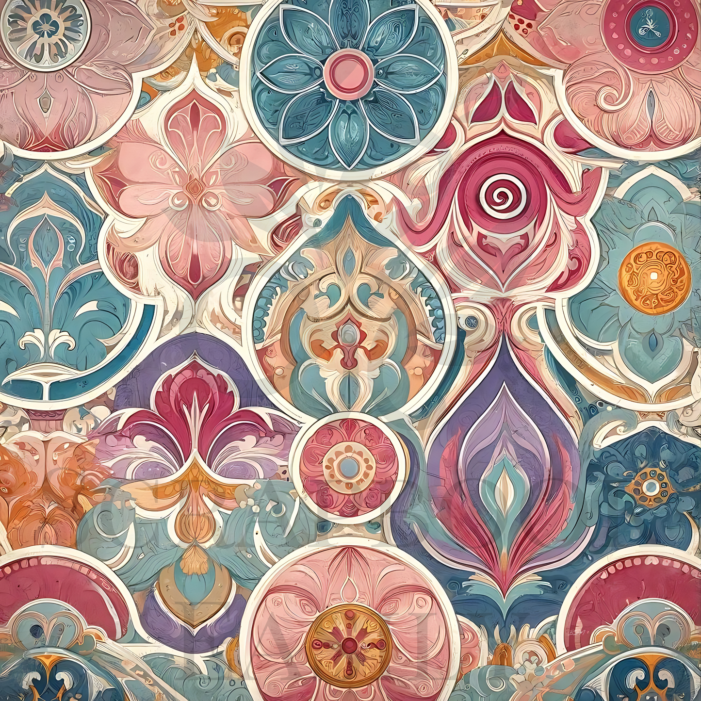 Scrapbook Easily presents Fresco Flourish 1, featuring intricate rosettes & floral designs in pastel hues, perfect for print & online scrapbooking projects.