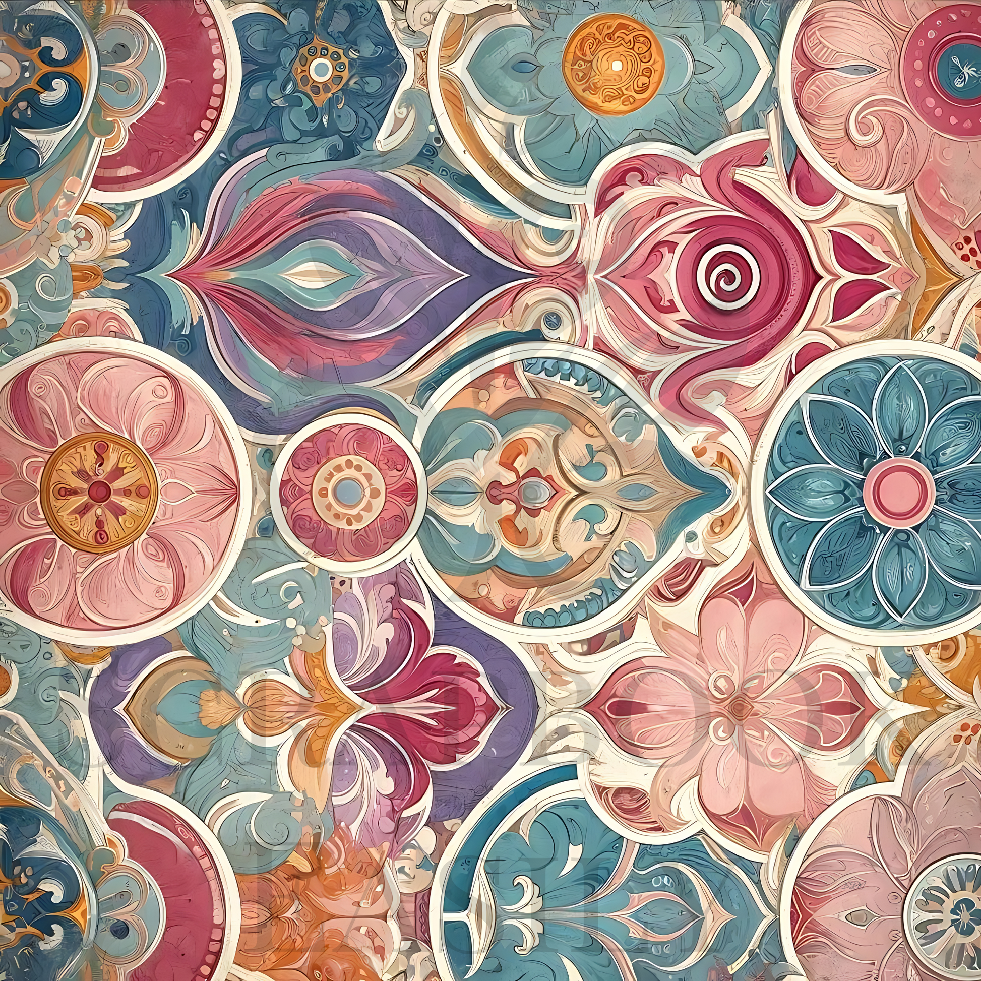 Enhance your creative projects with Fresco Flourish 1 from Scrapbook Easily, showcasing ornate floral medallions in a watercolour palette.