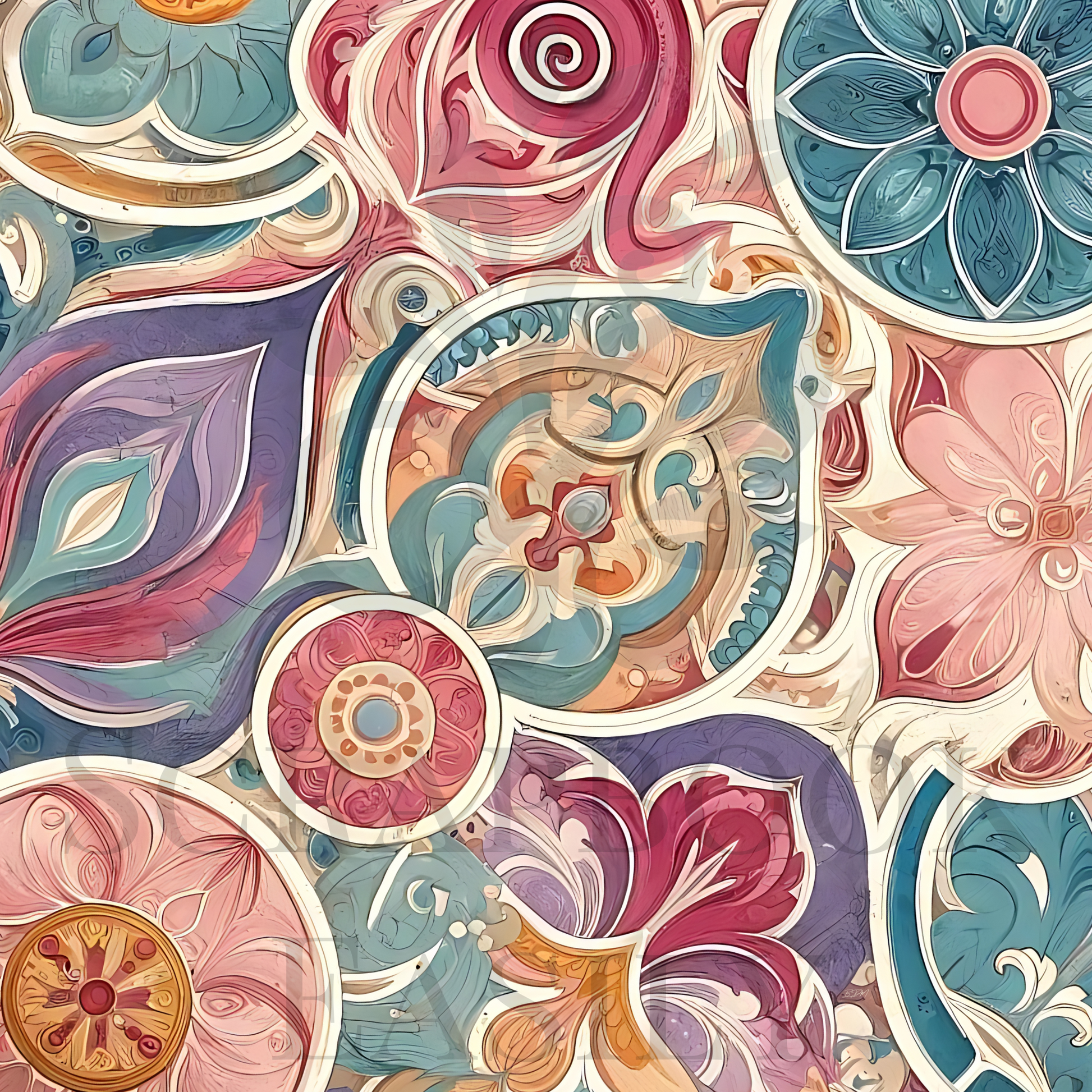 Explore Scrapbook Easily for Fresco Flourish 1 digital backgrounds with detailed flower & leaf patterns in muted pastels for your crafts.