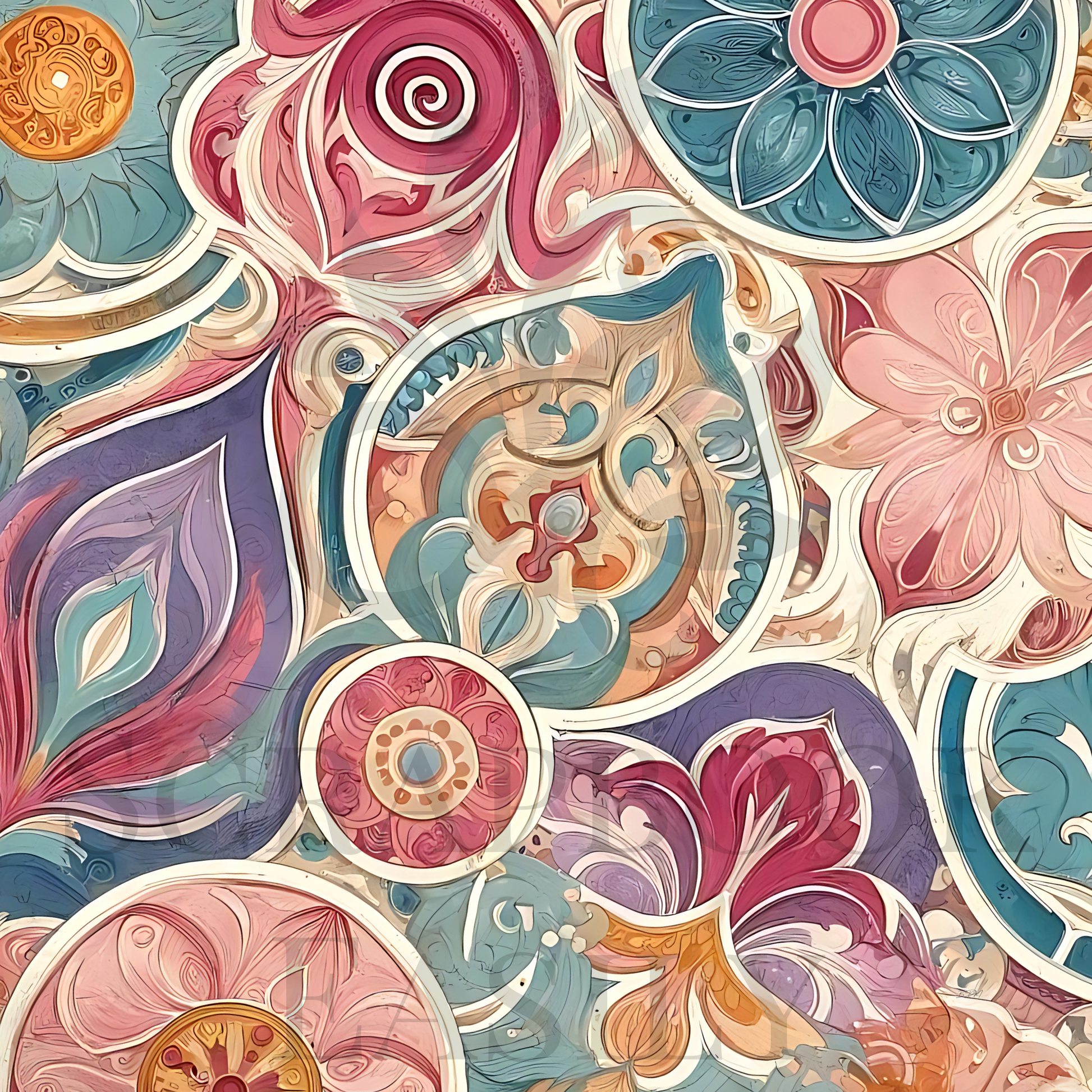 Download Fresco Flourish 1 with luxurious floral prints & spirals in serene pastels for your scrapbooking needs at Scrapbook Easily.