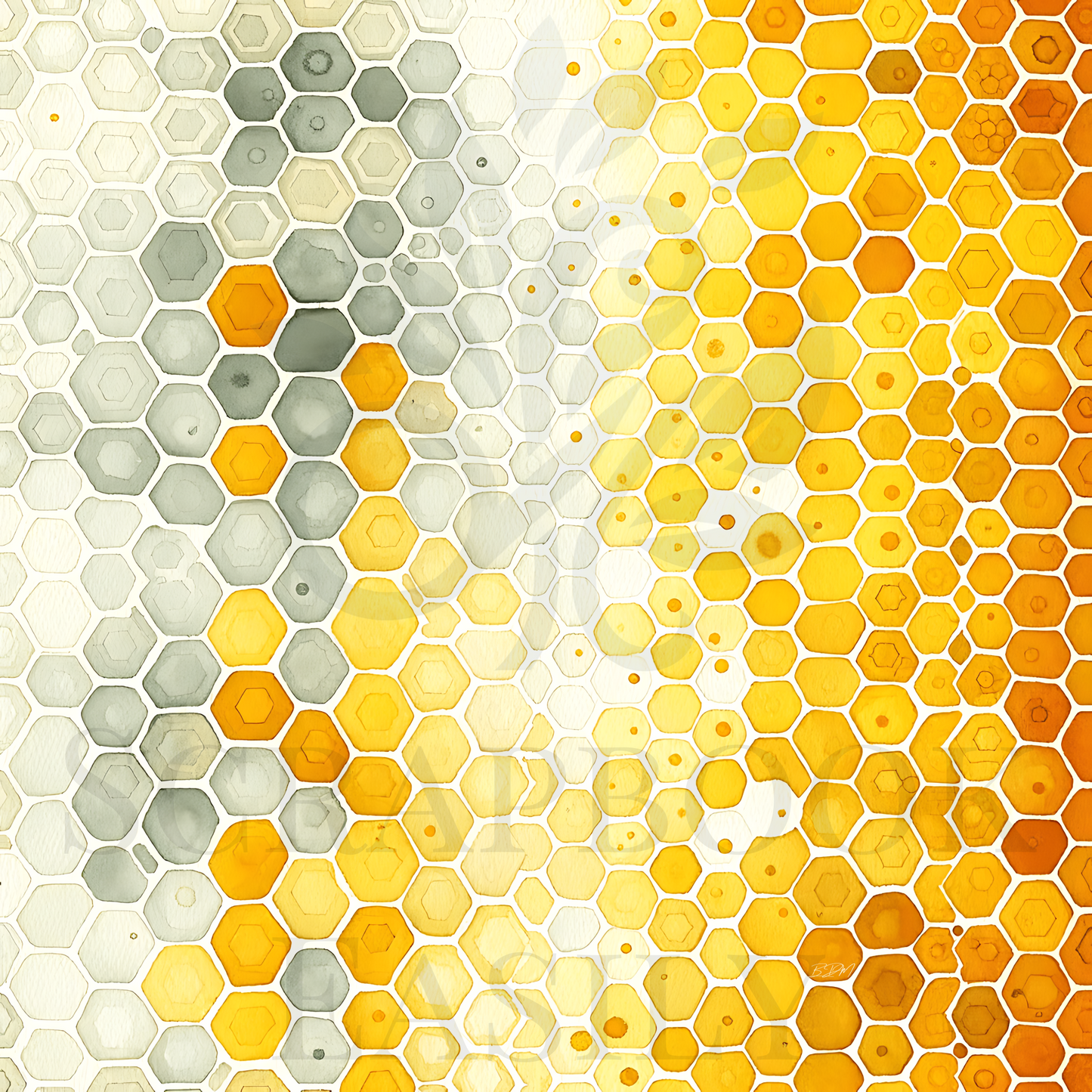 Seamless watercolor honeycomb digital paper with a gradient from golden yellow to pale grey, ideal for scrapbooking, crafting, & downloadable printables.