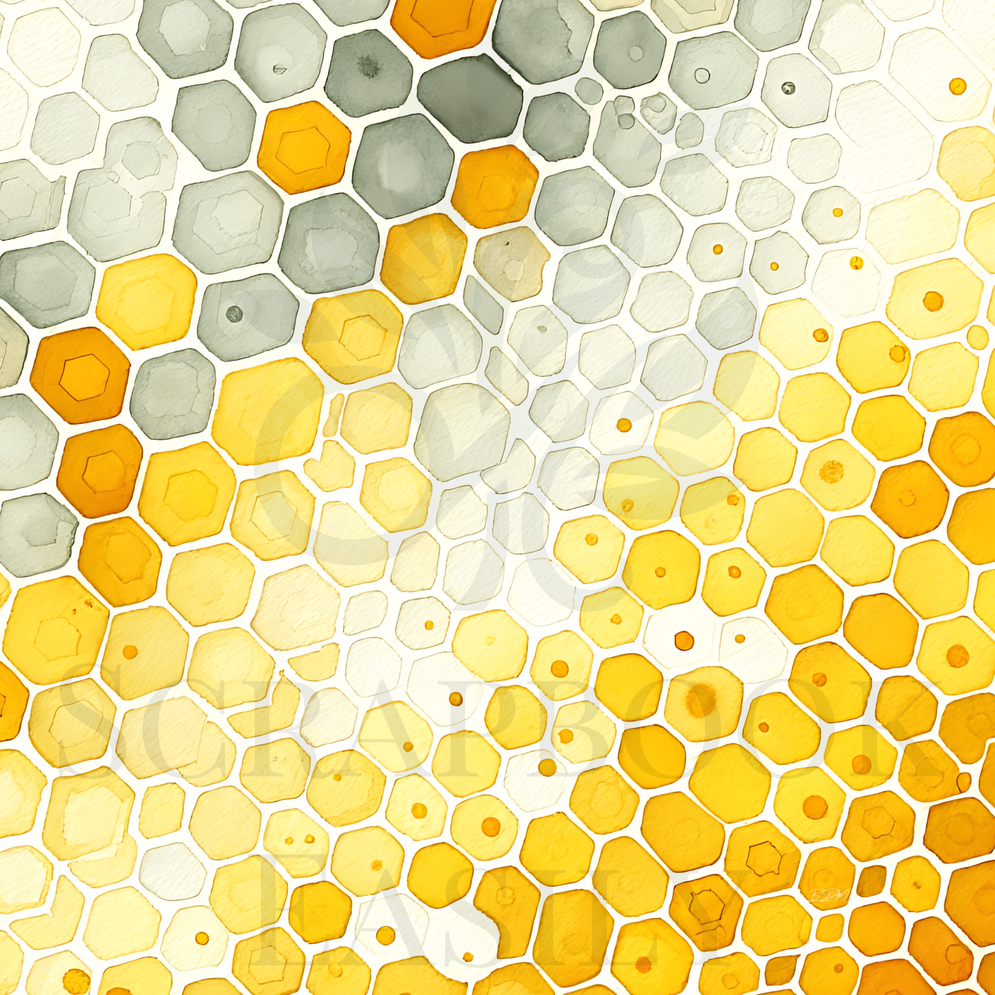 High-quality digital scrapbooking paper featuring a honeycomb pattern with shades of yellow & grey, perfect for creative download & print projects.
