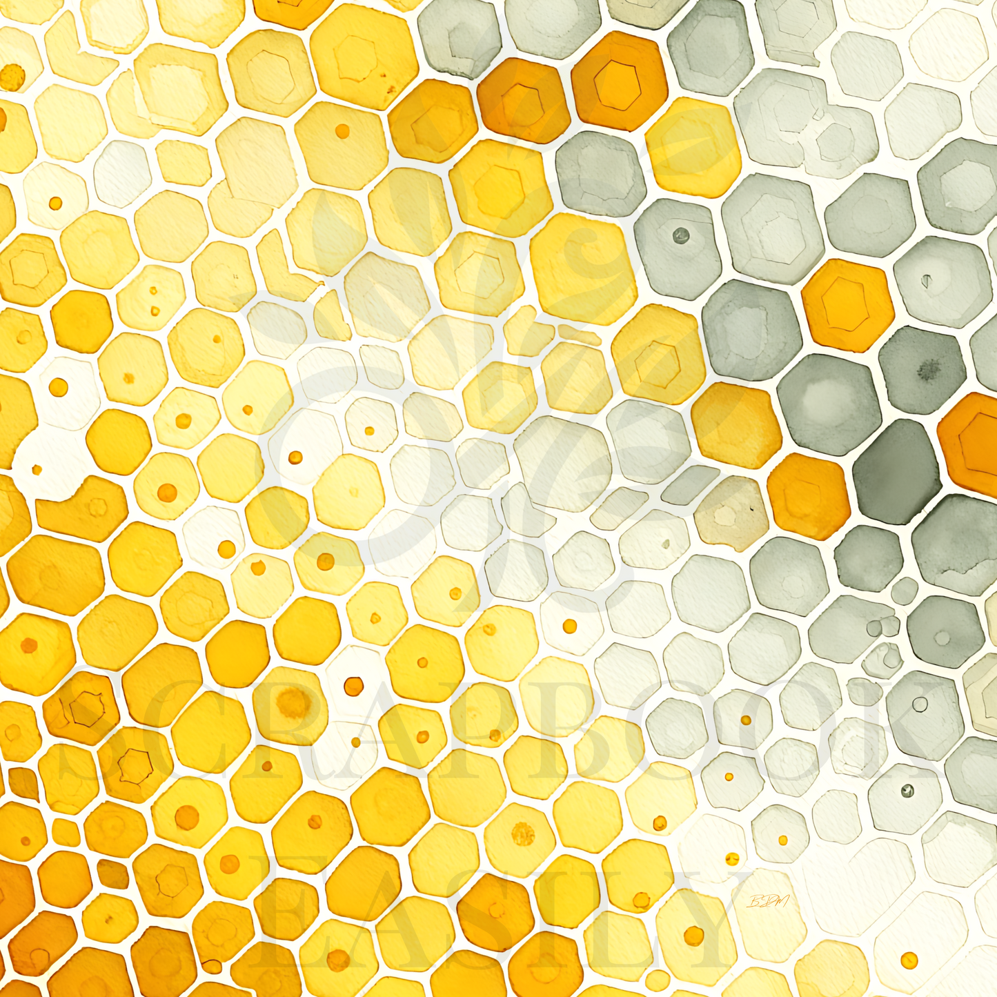Seamless digital scrapbooking background with a gradient honeycomb pattern transitioning from white to vibrant yellow, ideal for download, print, & craft projects.
