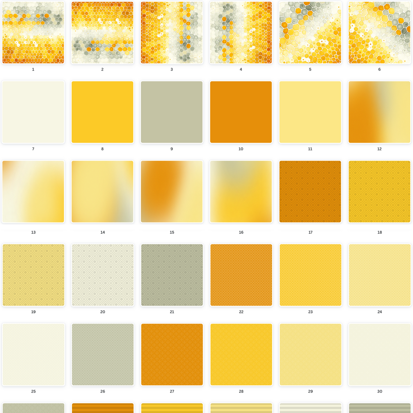 Variety pack of digital scrapbooking papers featuring honeycomb patterns & solid colors in shades of orange, gray, & yellow, perfect for creative download & print projects.