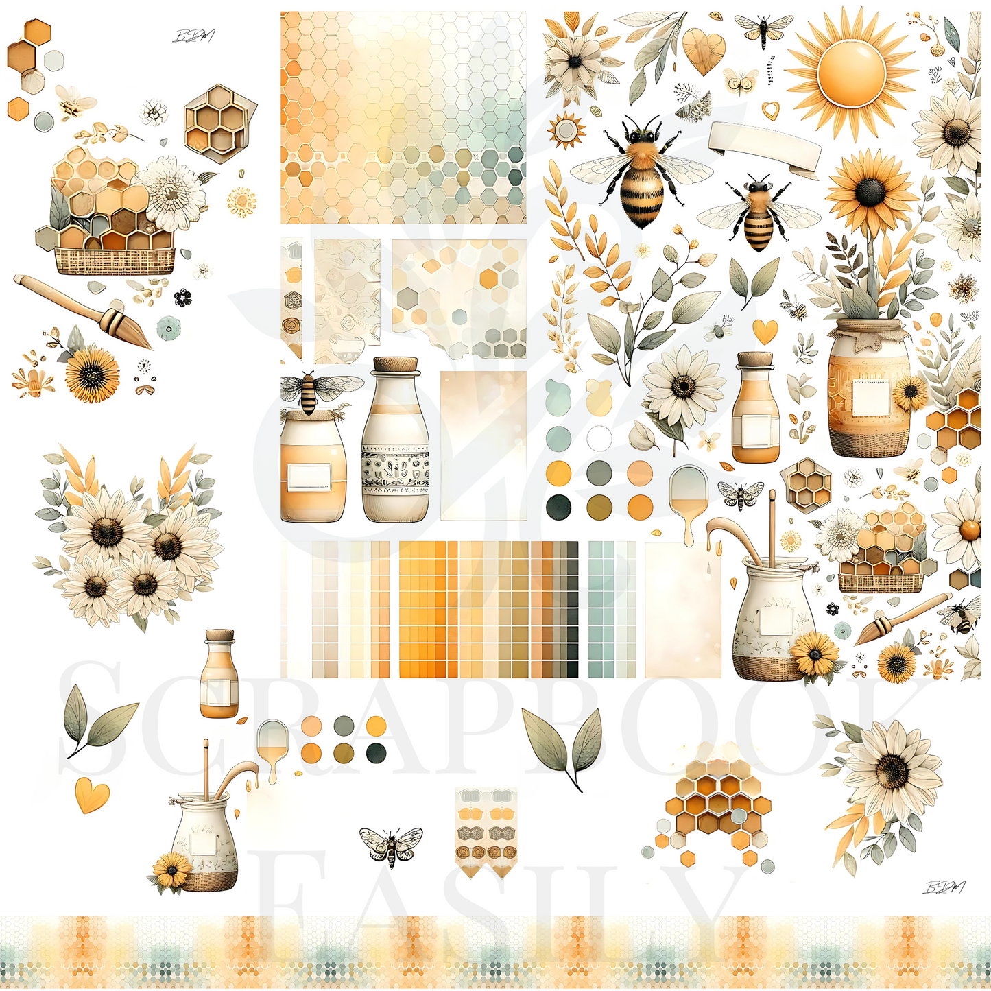 Scrapbook Easily's Sunlit Apiary Ephemera: Rich array of bees, sunflowers, & harvesting tools set against a backdrop of honeycomb & pastel shades, ideal for decorations & crafting.