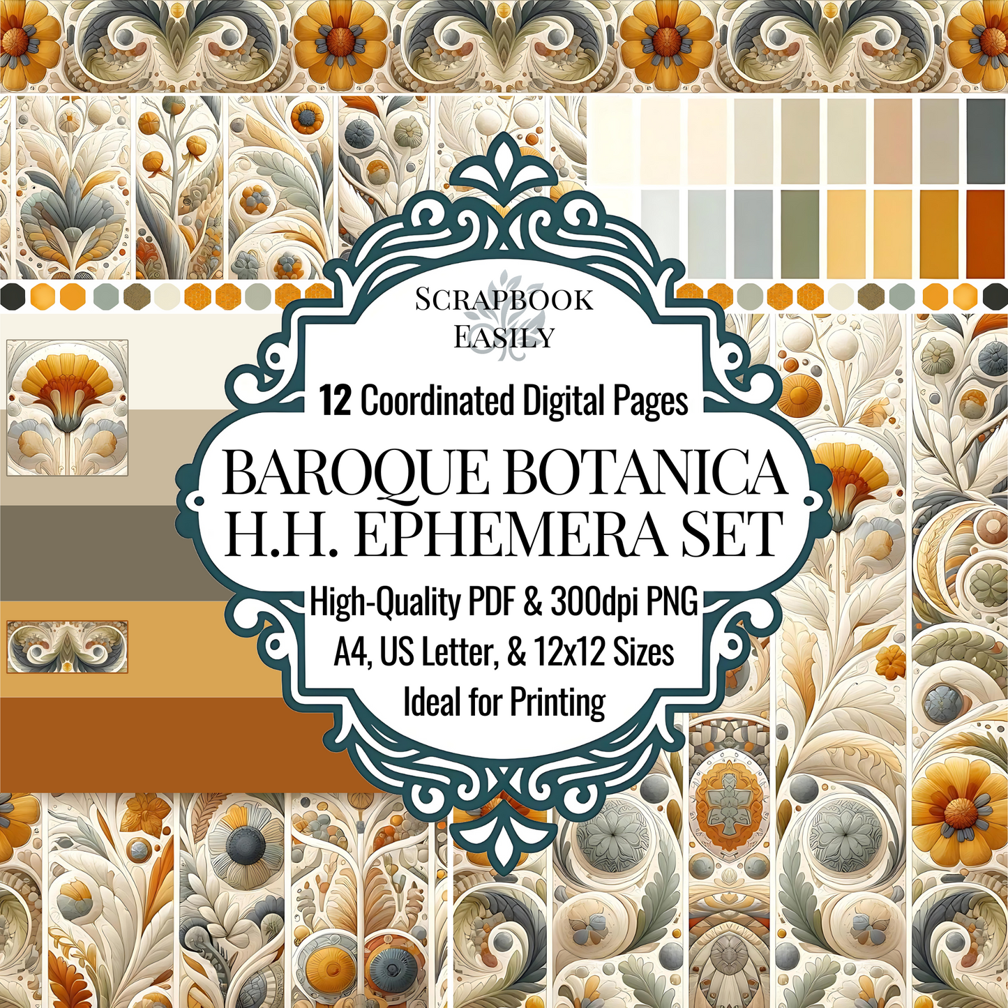 Classic Ephemera from the Honeycomb Harmony theme offers 12+ digital pages adorned with Baroque Botanica designs in soft, muted tones. Perfect for home & professional printing. Available in PDF & 300dpi PNG formats for A4, US Letter, & 12x12 sizes at www.scrapbookeasily.com.