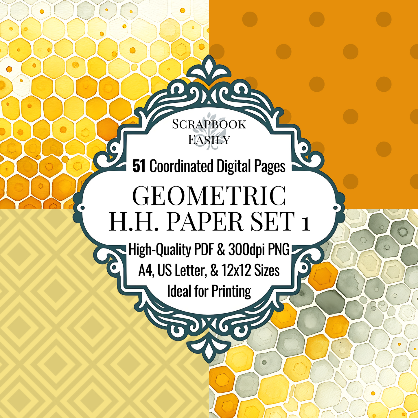 Scrapbook Easily presents the honey Paper Set featuring 51 digitally coordinated pages, showcasing vibrant honeycomb patterns in shades of yellow & orange. Available in high-quality PDF & 300dpi PNG formats, these pages come in A4, US Letter, & 12x12 sizes, making them ideal for both home & professional printing. Perfect for crafters & scrapbookers looking to add a touch of sweetness to their projects.
