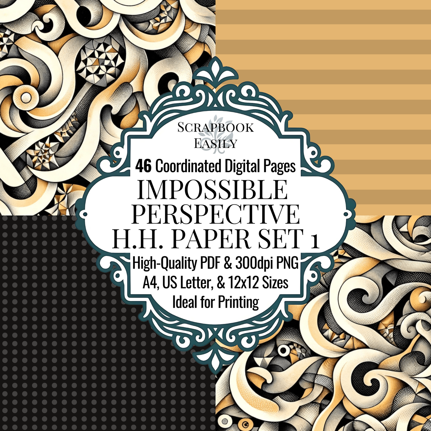 Explore the ornate Paper Set from Scrapbook Easily, featuring 46 coordinated digital pages with intricate swirls & geometric patterns in monochrome & gold tones. This collection is available in high-quality PDF & 300dpi PNG formats, sized for A4, US Letter, & 12x12. Perfect for enhancing your home or professional scrapbooking projects with a touch of sophisticated artistry.