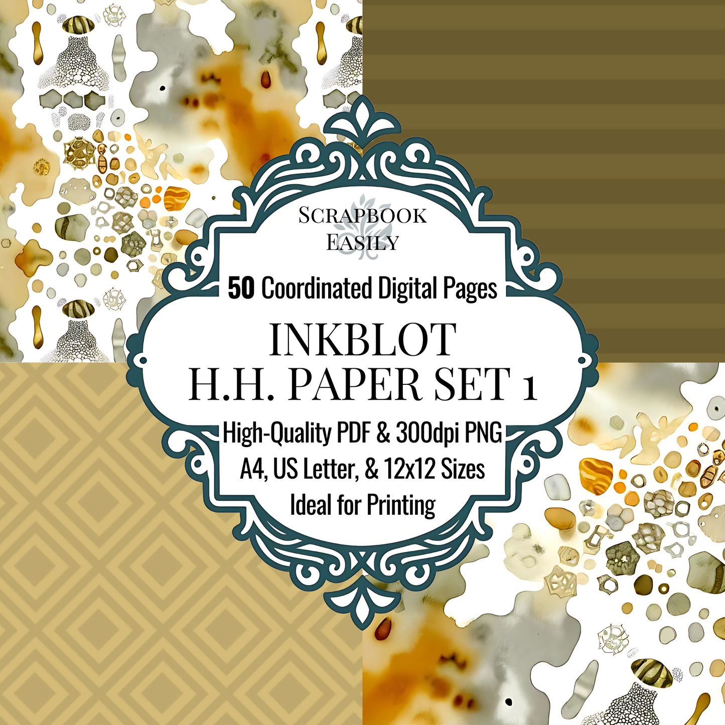 Unveil the organic Paper Set by Scrapbook Easily, featuring 50 coordinated digital pages. This collection highlights natural & fluid inkblot patterns in earthy tones, crafted in high-quality PDF & 300dpi PNG formats. Suitable for A4, US Letter, & 12x12 sizes, perfect for both home & professional crafting.