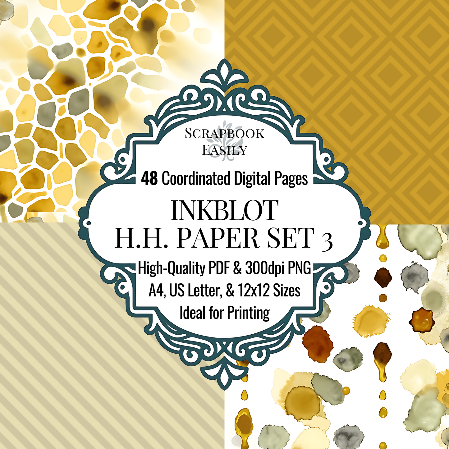 Dive into the luxurious golden Paper Set from Scrapbook Easily, presenting 48 digitally coordinated pages with rich honeycomb patterns & warm golden tones. Available in high-quality PDF & 300dpi PNG formats, suitable for A4, US Letter, & 12x12 sizes. Ideal for crafting unique home decor & professional-grade scrapbooking projects.