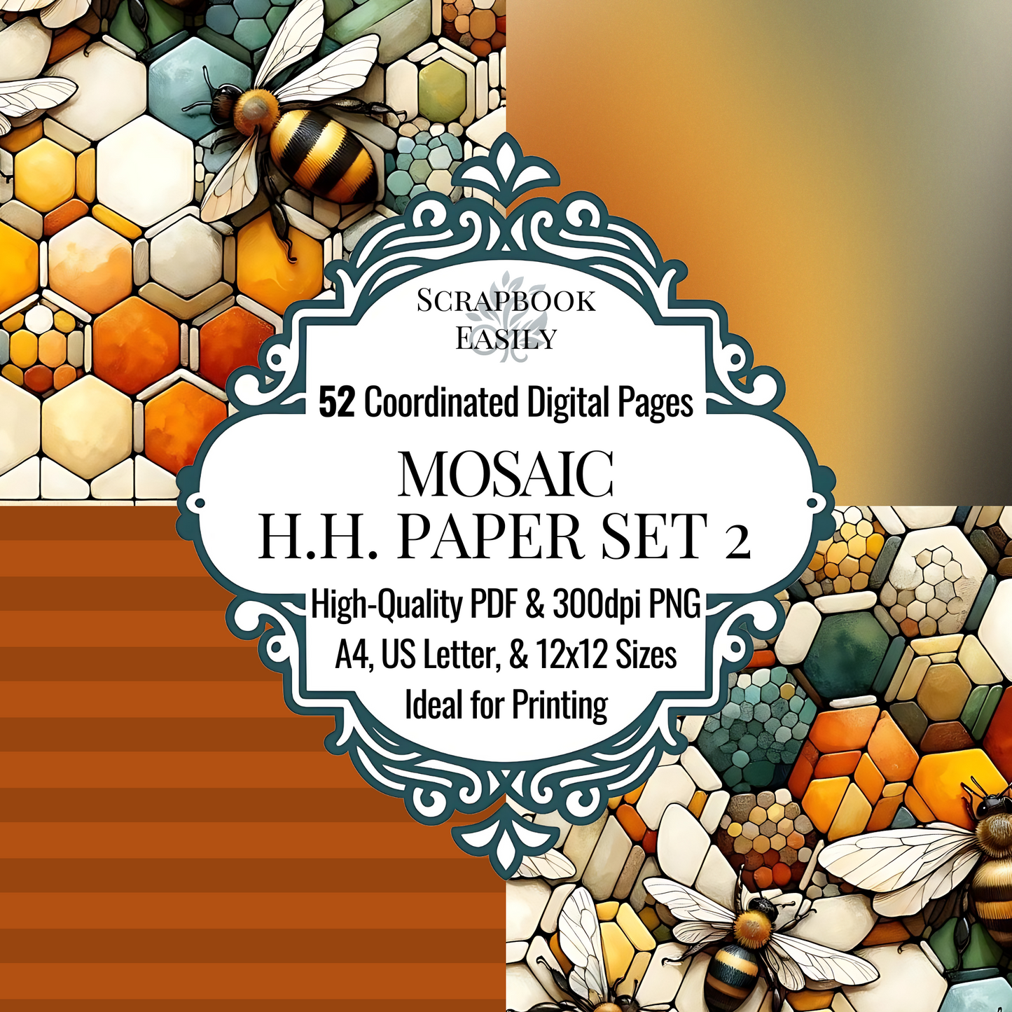 Dive into this radiant Paper Set by Scrapbook Easily, featuring 52 coordinated digital pages adorned with vibrant honeycomb patterns & realistic honeybee illustrations. Available in high-quality PDF & 300dpi PNG, suitable for A4, US Letter, & 12x12 printing formats. Perfect for both home & professional use, enhance your scrapbooking projects with these colourful & dynamic designs.