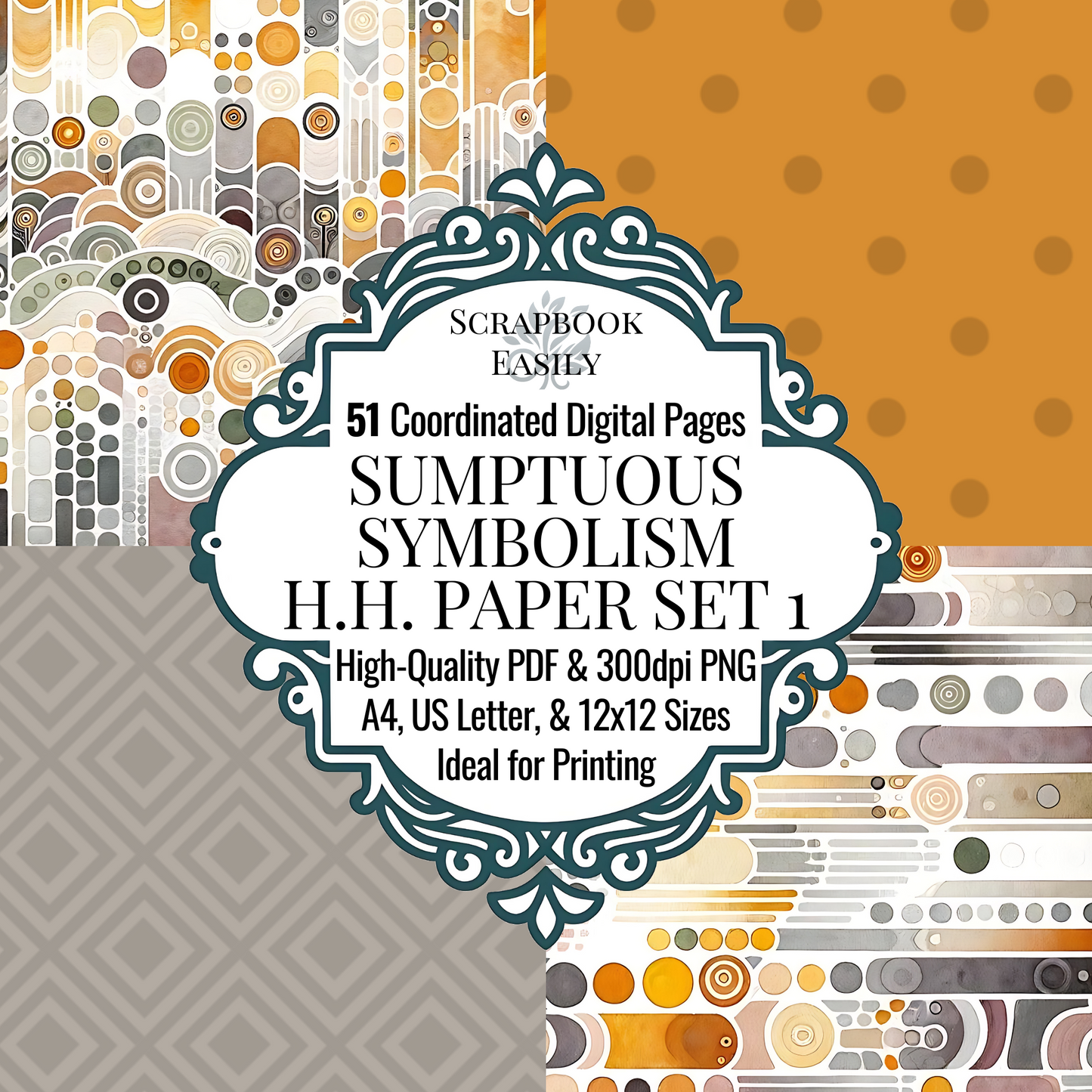 Explore the arching Paper Set by Scrapbook Easily, offering 51 beautifully coordinated digital pages featuring a variety of gilded geometric & abstract designs. Available in high-quality PDF & 300dpi PNG formats, suitable for A4, US Letter, & 12x12 sizes. Perfect for home or professional printing, this set is ideal for creating distinctive scrapbooking layouts & paper crafts.
