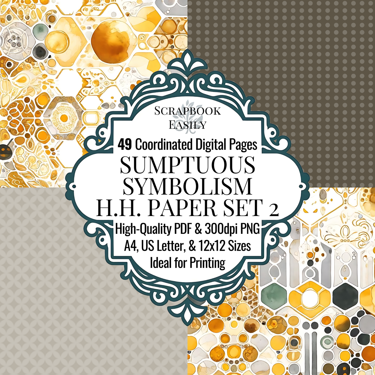 Explore the lustrous Paper Set from Scrapbook Easily, featuring 49 beautifully coordinated digital pages. This collection offers a mix of intricate designs & golden textures in high-quality PDF & 300dpi PNG formats, suitable for A4, US Letter, & 12x12 sizes. Perfect for both home crafting & professional printing, these papers are ideal for enhancing any scrapbooking or creative project with a touch of elegance.