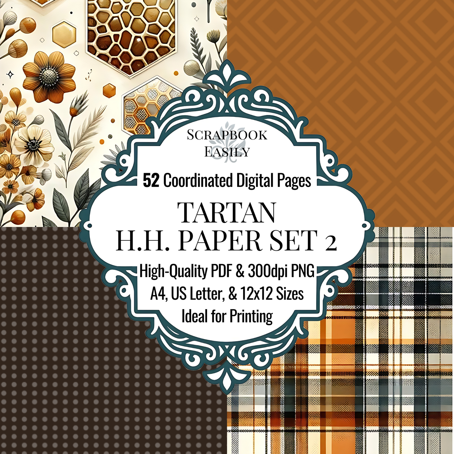 Introducing the beeswax Paper Set from Scrapbook Easily's Scrapbooking Store, featuring 52 coordinated digital pages adorned with nature-inspired patterns, honeycomb motifs, & tartan designs. This versatile set is available in high-quality PDF & 300dpi PNG formats, perfect for A4, US Letter, & 12x12 printing sizes. Ideal for crafting unique & beautiful scrapbooking projects & home or professional printing needs.