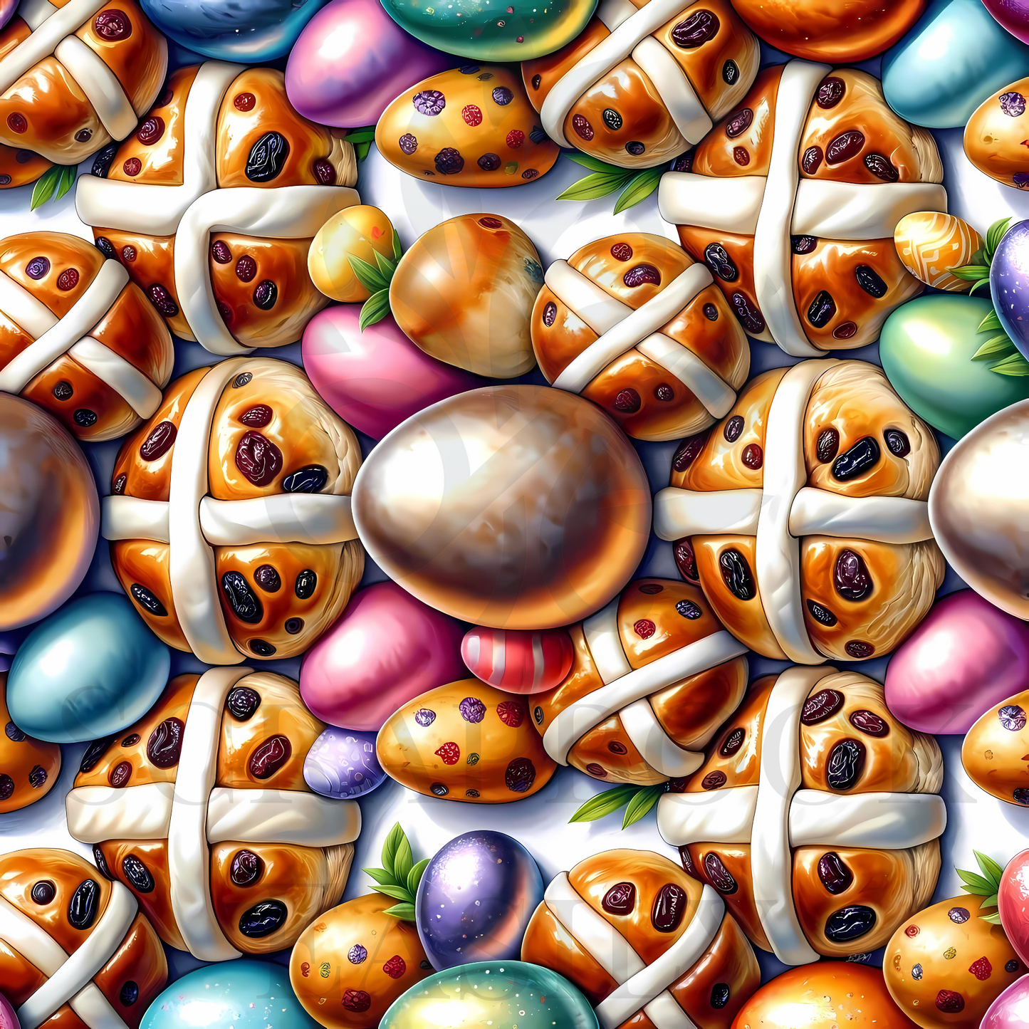 Festive hot-cross buns & eggs pattern for digital scrapbooking & print use. Colourful & cheerful design. Scrapbooking Store: Scrapbook Easily, www.scrapbookeasily.com.