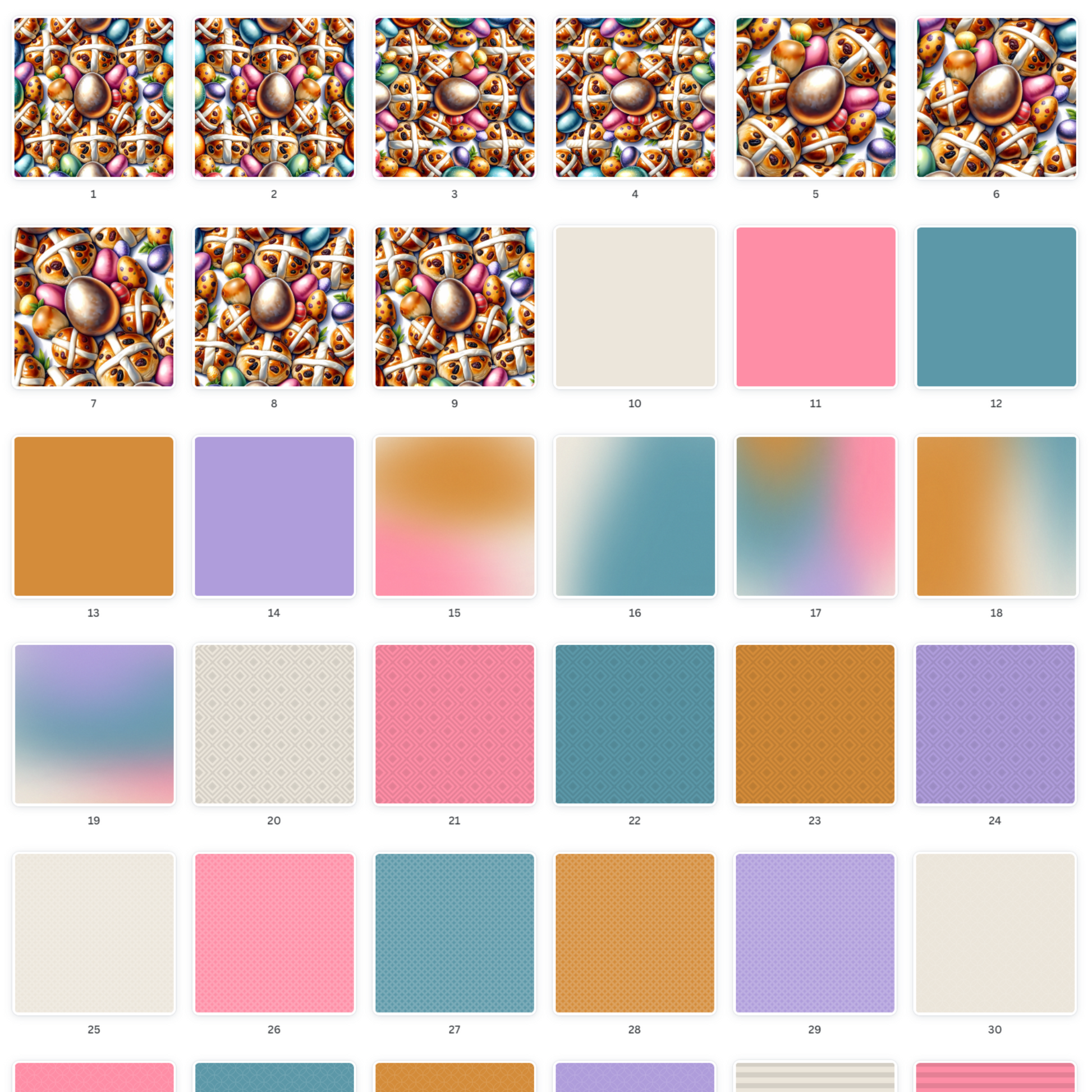 Complete set of hot-cross buns & Easter-themed digital papers, perfect for online scrapbooking & printable crafts. Scrapbooking Store: Scrapbook Easily, www.scrapbookeasily.com.