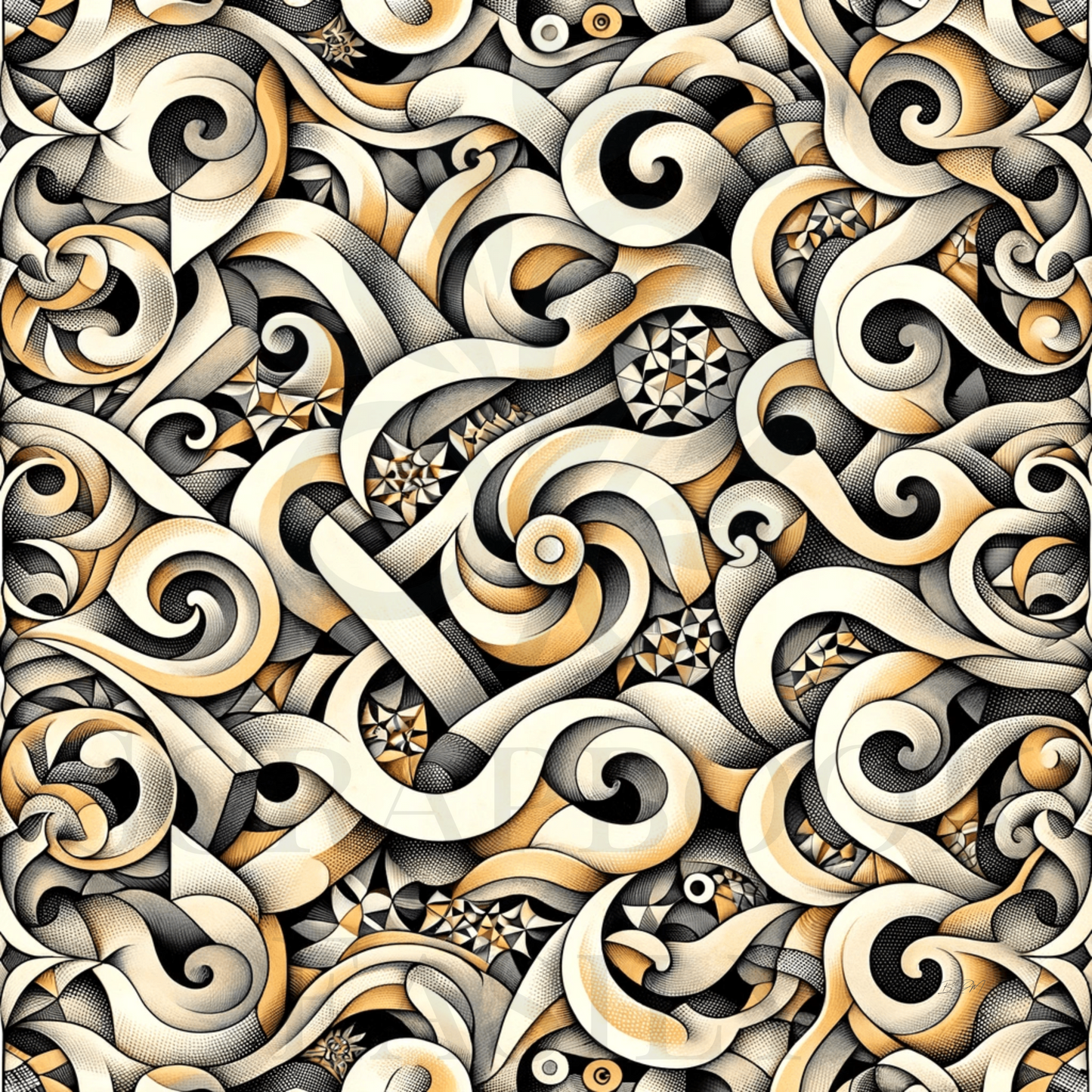 Monochrome optical illusion digital paper featuring a seamless pattern of swirling black & gold motifs, perfect for scrapbooking printables & crafts, available for download.