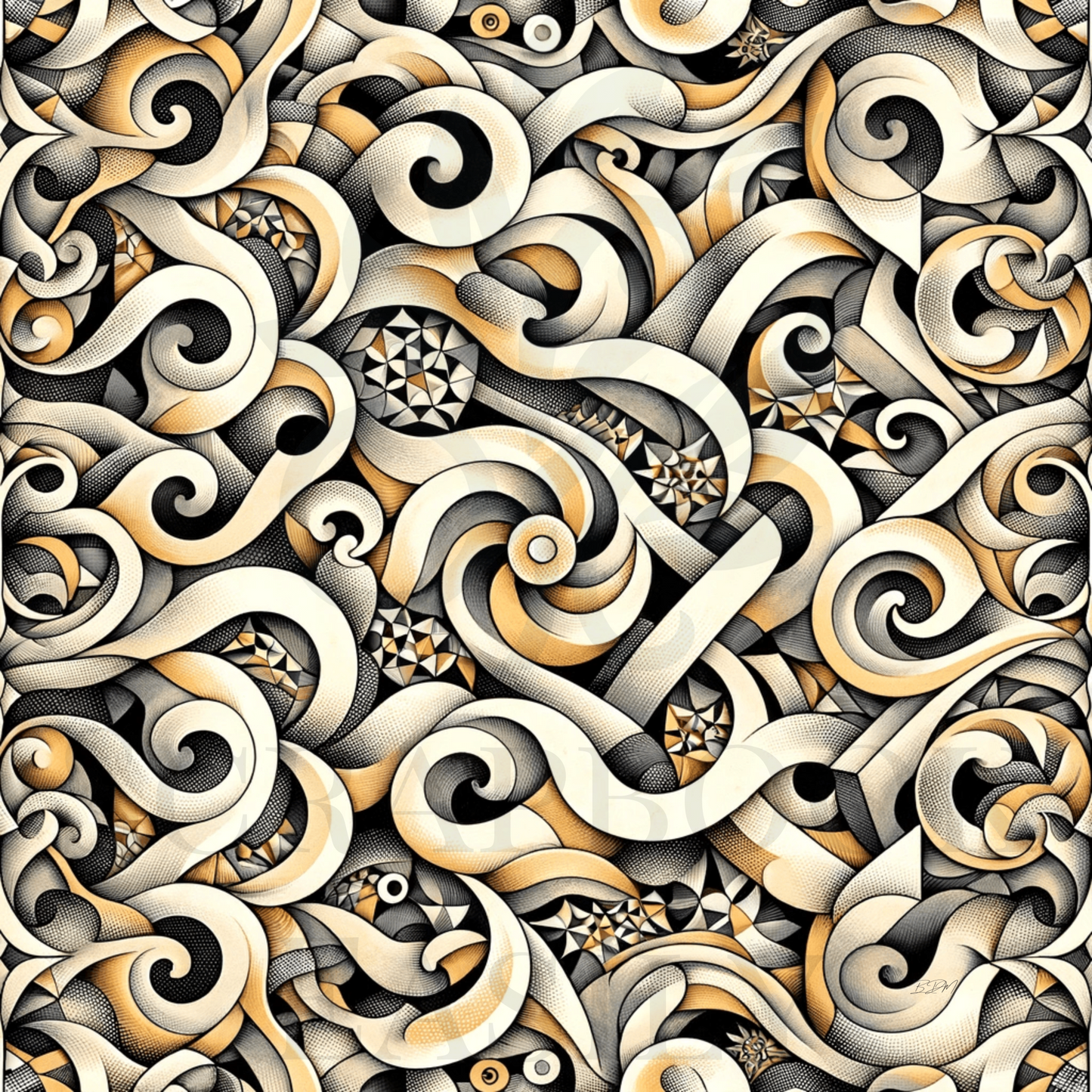 Seamless geometric digital paper with a complex, intertwined black & beige swirl pattern that gives a 3D optical illusion effect, ideal for sophisticated scrapbooking projects & printable crafts, available for instant download.