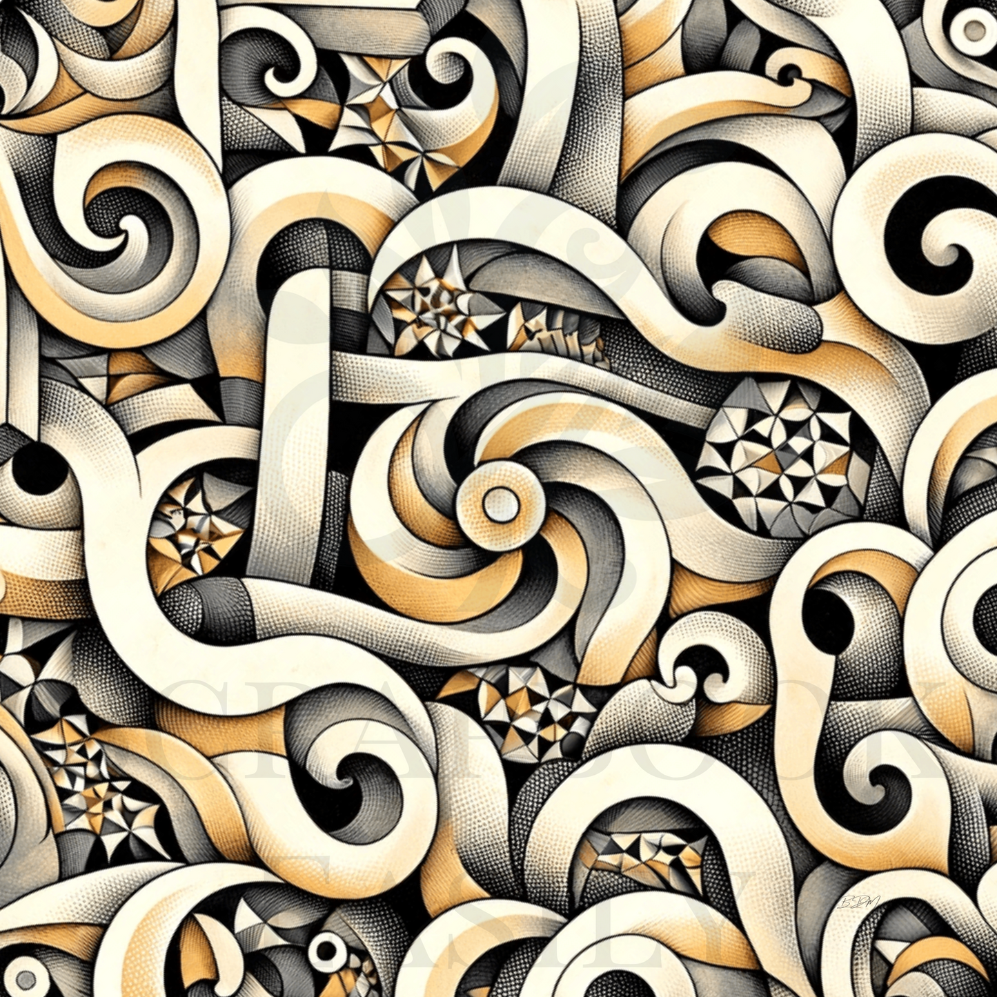 Artistic black & beige abstract swirl pattern with a 3-dimensional look, featuring intricate geometric details, perfect for print & download for creative scrapbooking projects.