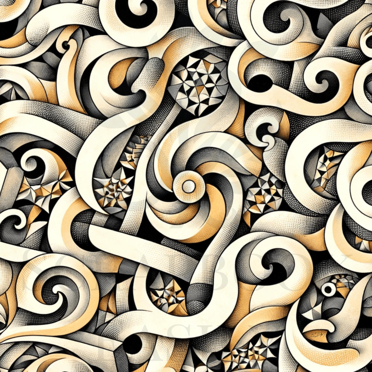 Detailed monochrome abstract pattern featuring interlacing swirls & geometric designs, perfect for creative scrapbooking projects, available for instant download & print.
