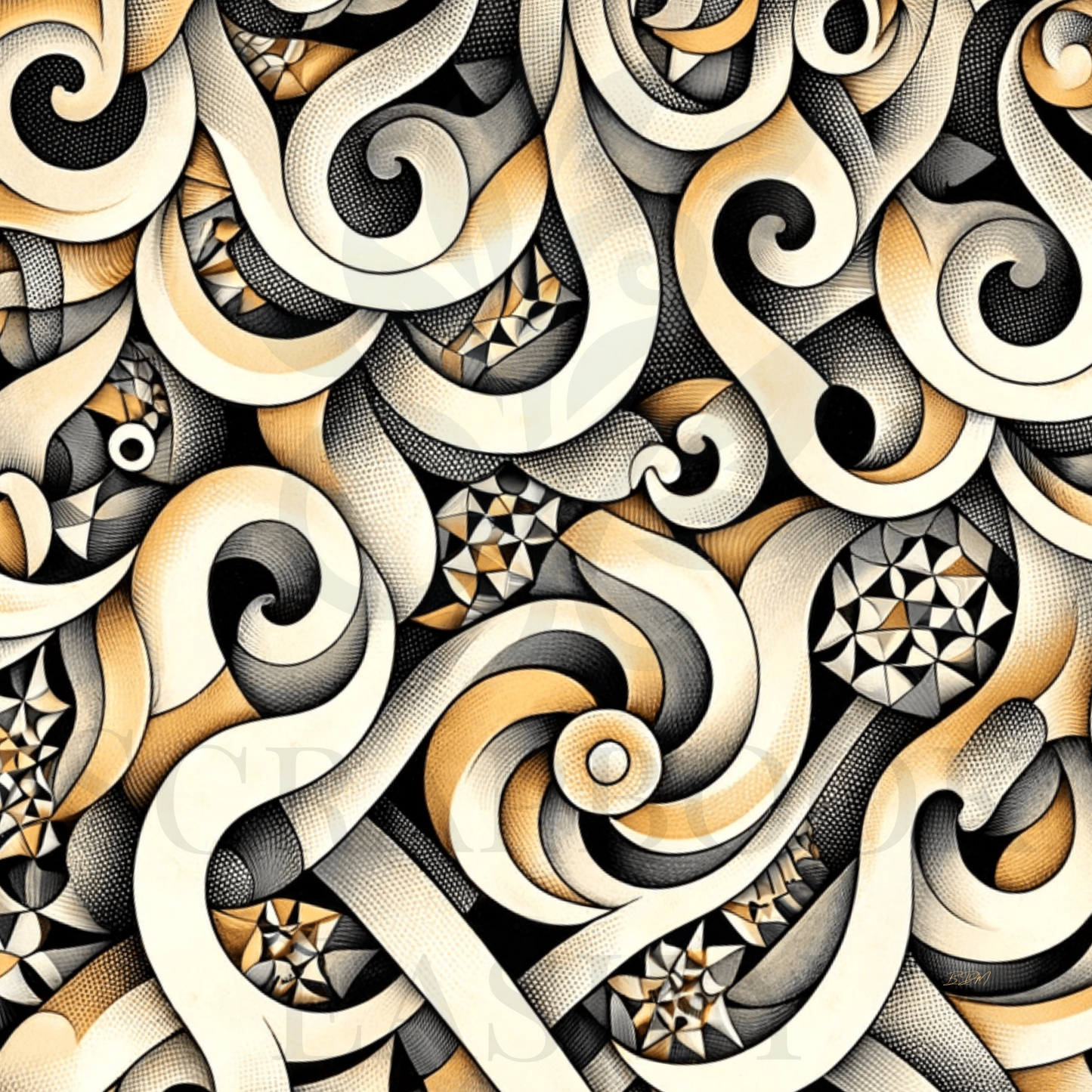 Vintage-inspired sepia-toned swirls & geometric shapes, digital scrapbooking paper, available for download & print, ideal for unique craft & decor projects.