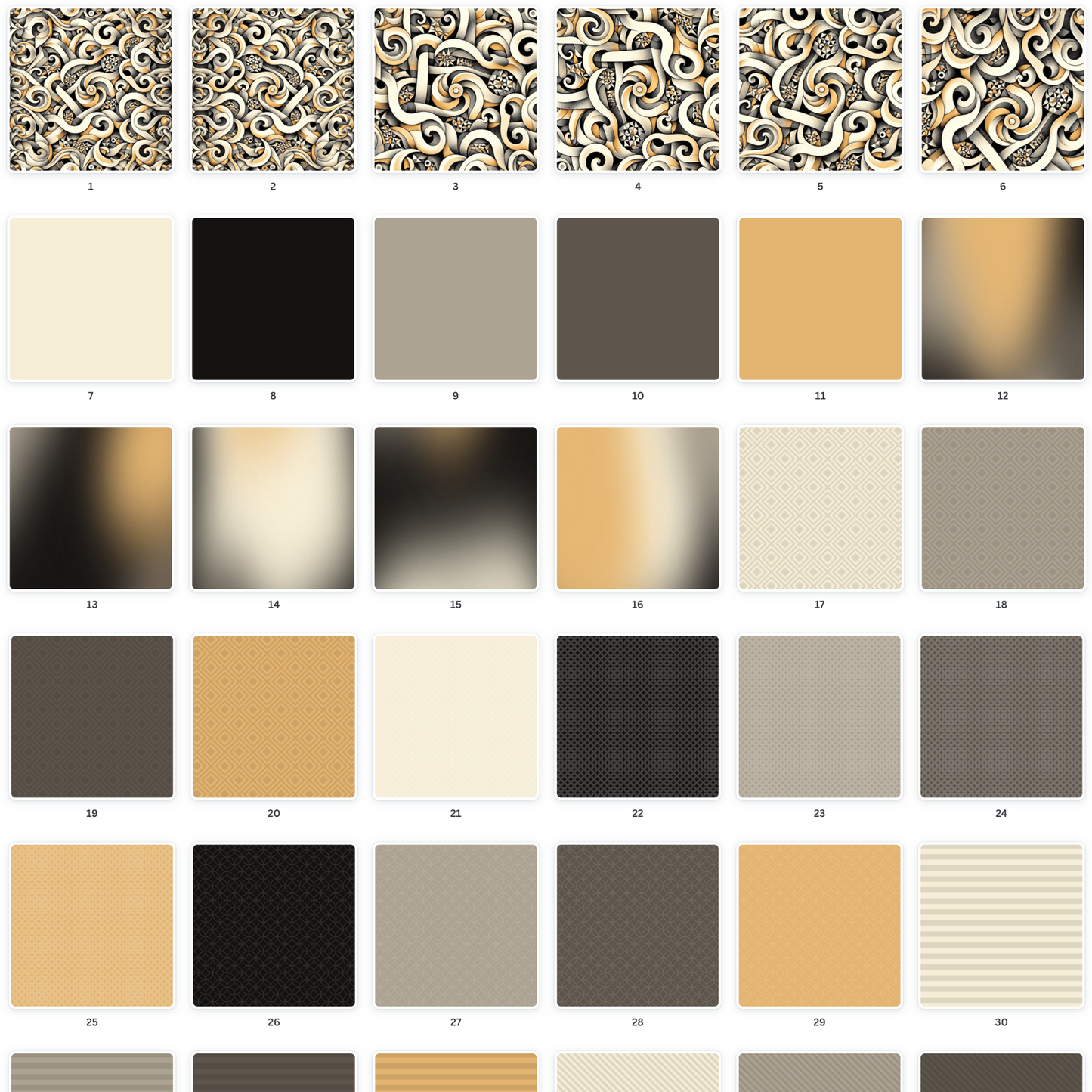 Assorted collection of printable scrapbooking papers featuring ornate sepia swirls & coordinating solid colours, perfect for creative paper crafting & memory keeping.