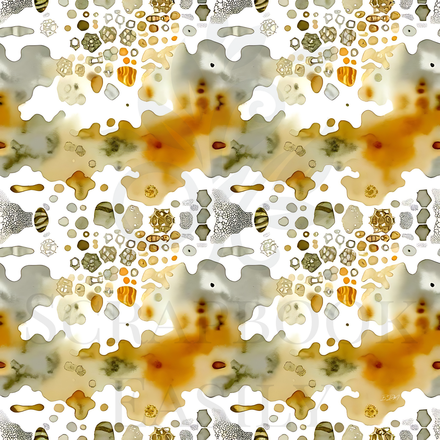 Digital scrapbook paper from Scrapbook Easily showcasing an abstract inkblot design with a blend of neutral & amber tones, ideal for versatile craft & print projects. Explore more at scrapbookeasily.com.
