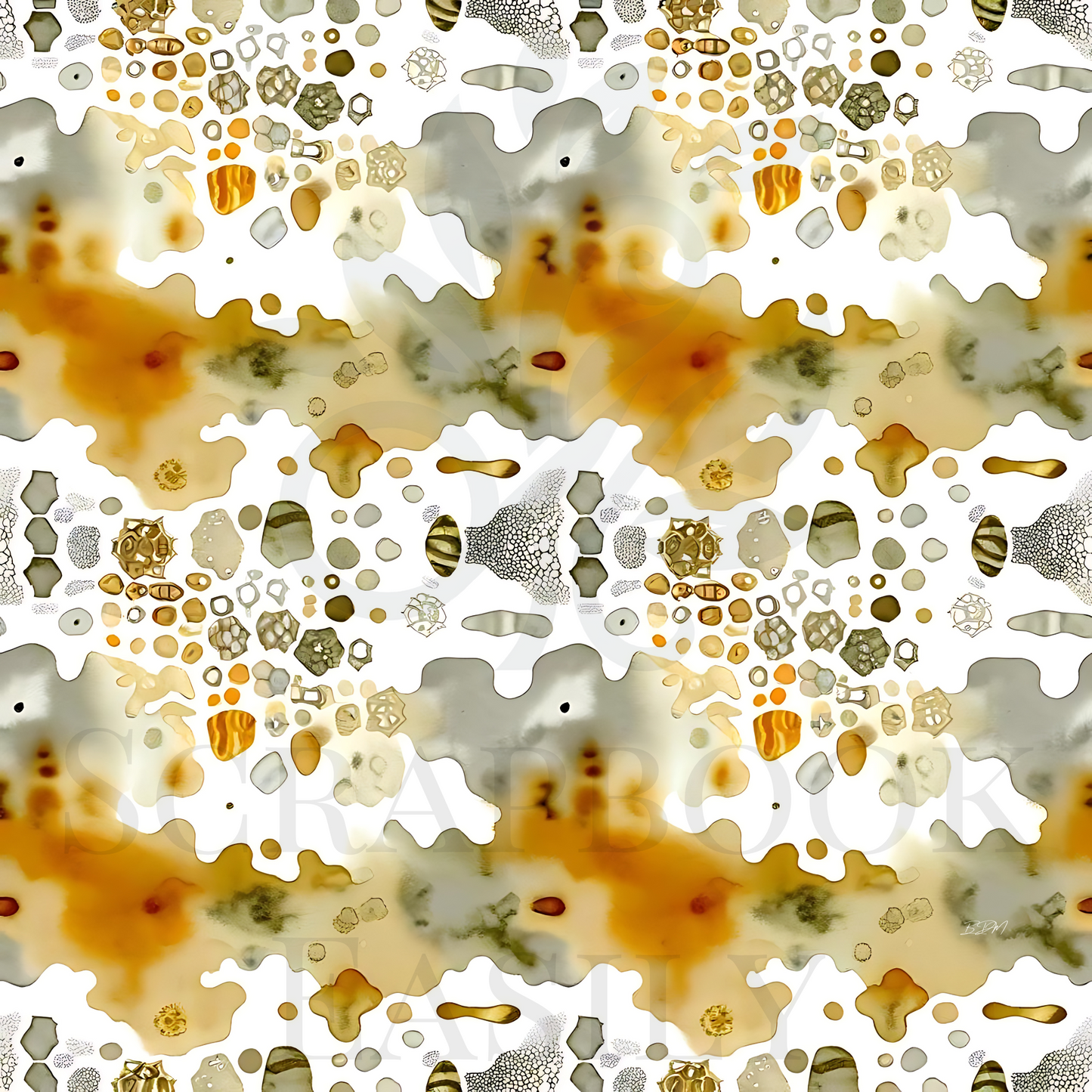Abstract inkblot pattern in shades of grey, white, and amber, available for download & print at Scrapbook Easily, perfect for diverse crafting needs.