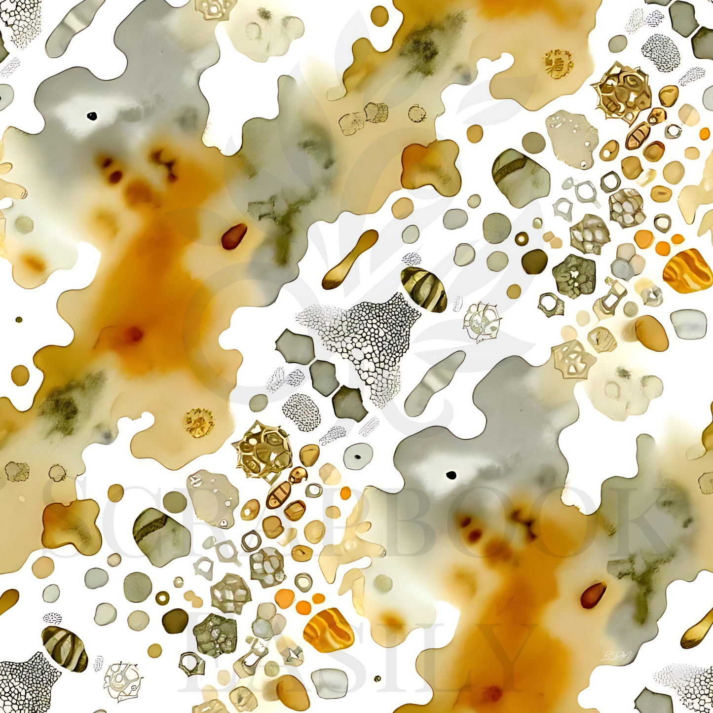 Explore Scrapbook Easily's Inkblot 1 digital paper, featuring unique amber and grey splashes, ideal for creative printing & crafting projects.