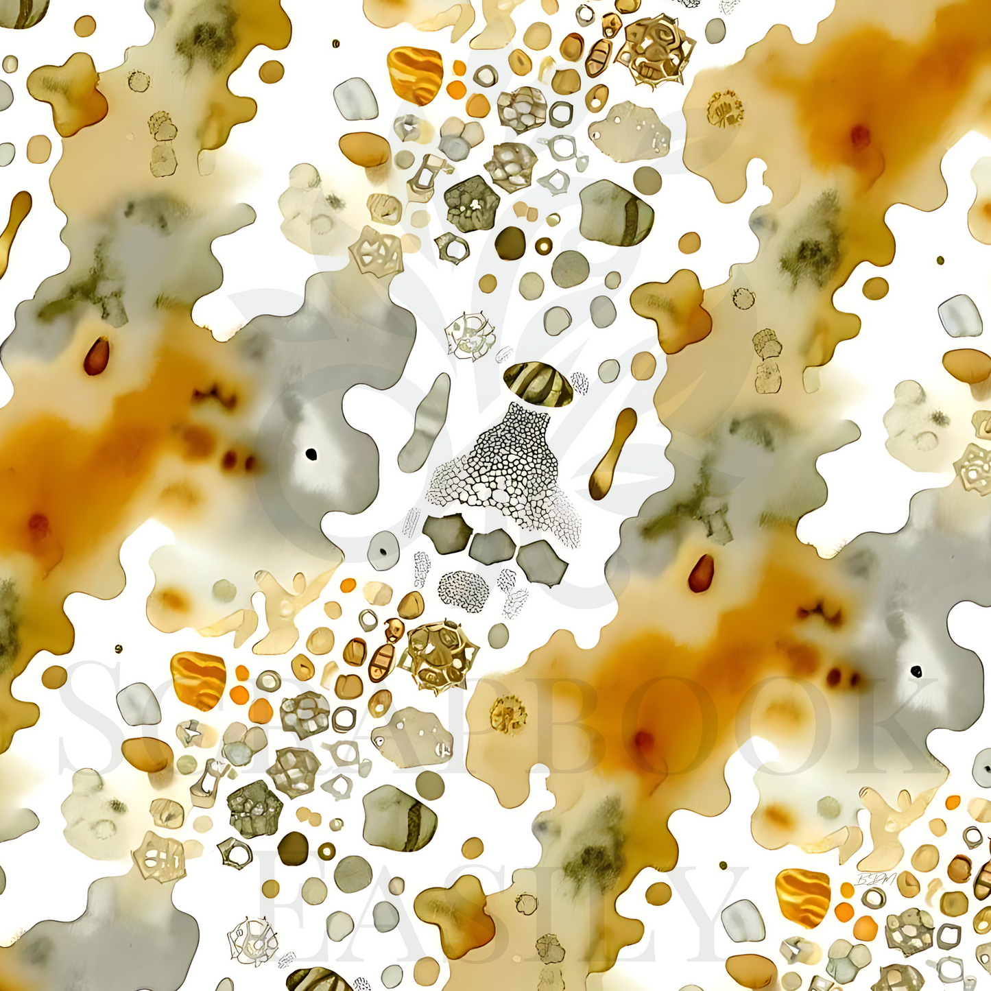 Scrapbook Easily presents the Inkblot 1 digital page, with intricate amber splashes on a muted background, suitable for all printing sizes.