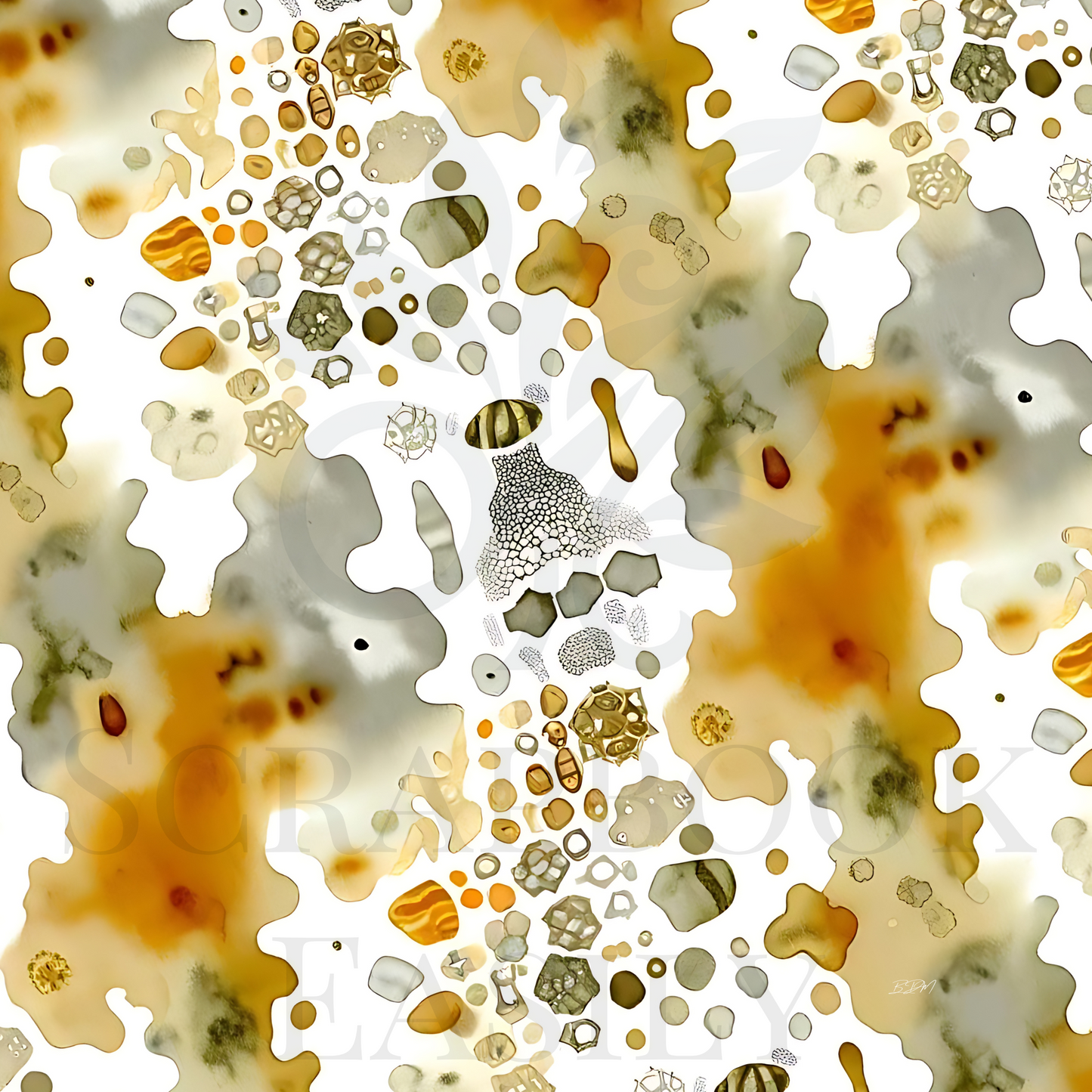 Unique inkblot design digital paper from Scrapbook Easily, featuring abstract patterns in grey & amber, perfect for crafting & printing projects.