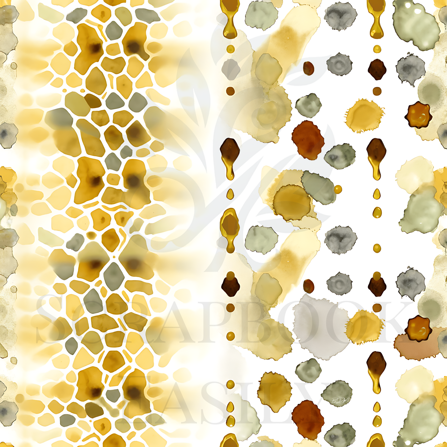 Seamless scrapbooking background with honeycomb patterns & watercolor splotches in shades of gold, brown, & gray, perfect for digital download & print for creative scrapbooking projects.