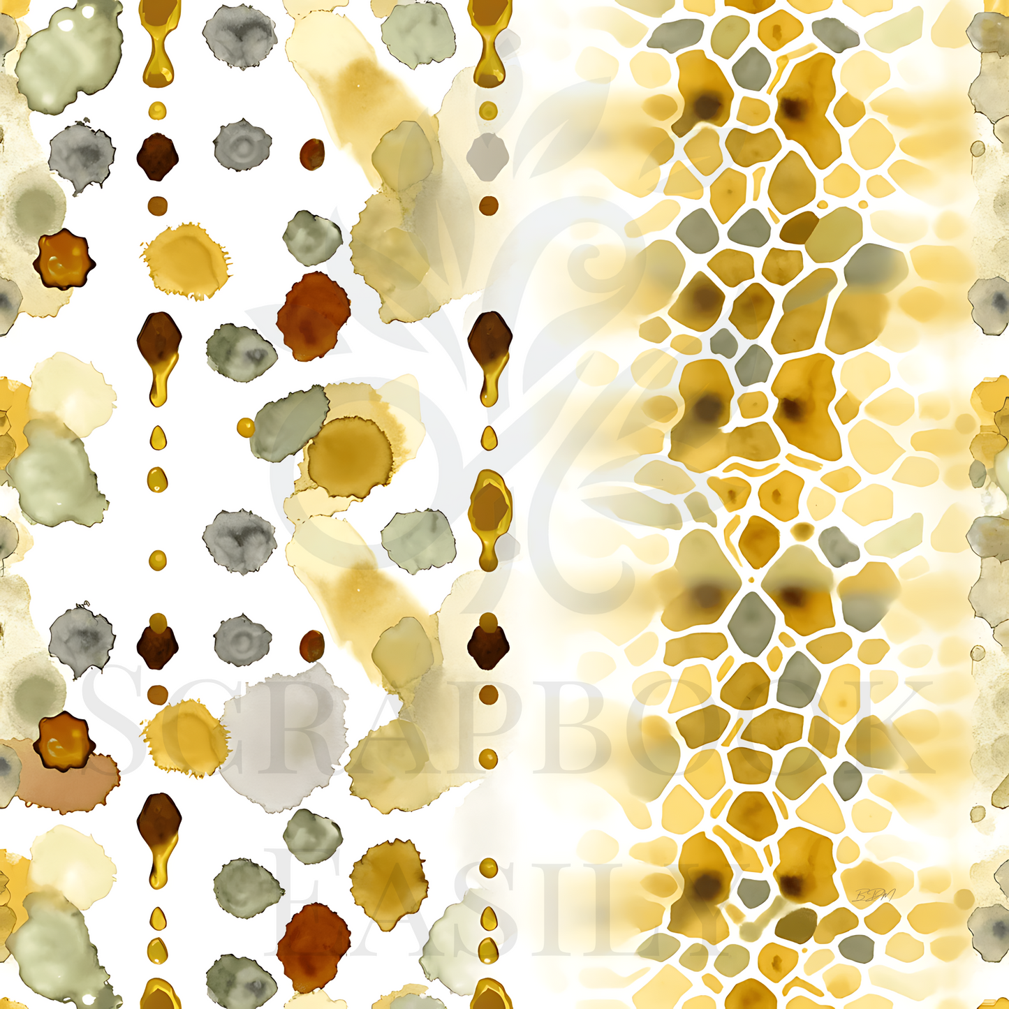 Artistic scrapbooking paper featuring honeycomb design with dripping honey & watercolor blots in earthy tones, ideal for craft, digital arts, & printable scrapbook layouts.