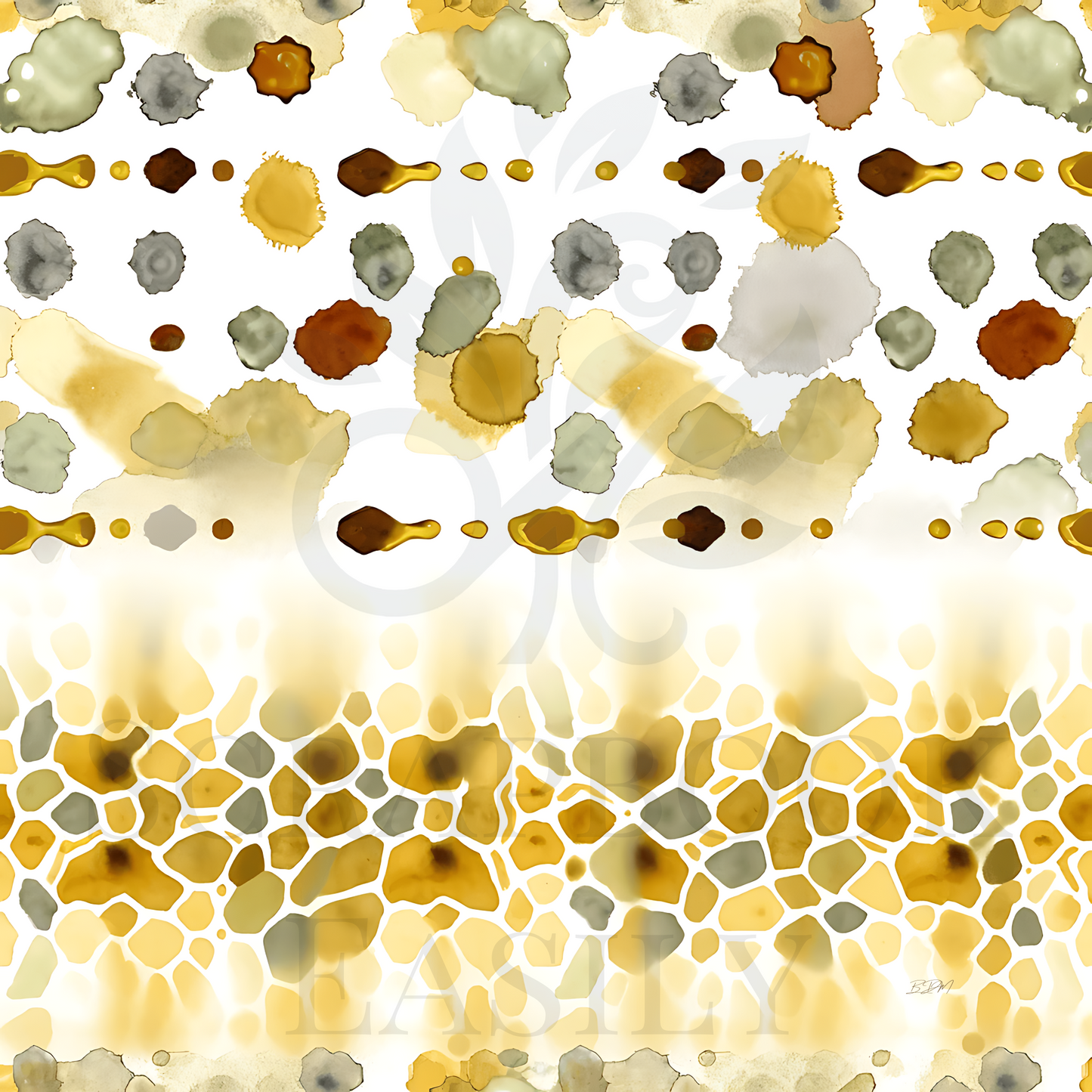 Seamless pattern for scrapbooking with a honeycomb motif, golden honey drips, & assorted watercolor blots in natural hues, perfect for crafting, design projects, & printable decorations.