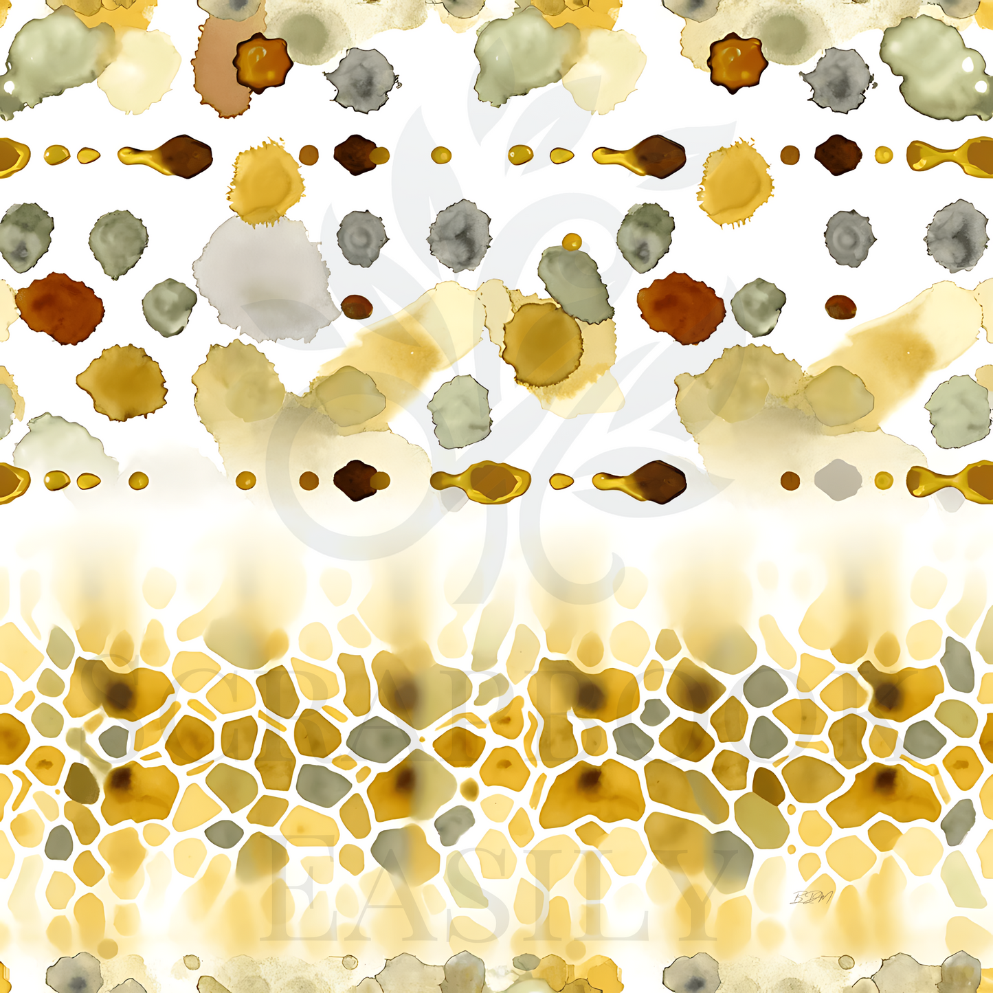 Digital scrapbooking paper featuring honeycomb patterns with shades of gold & watercolor splashes in earthy tones, ideal for creative DIY projects, downloadable crafts, & artistic backgrounds.