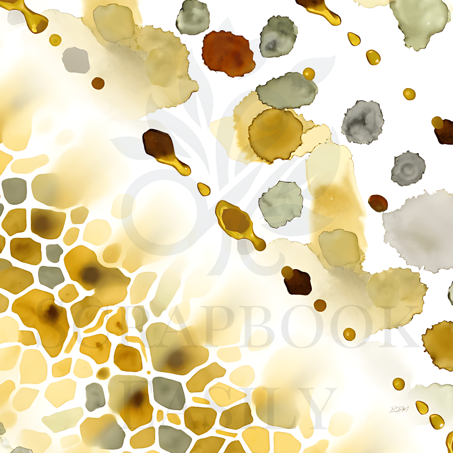 Craft paper design with golden honeycomb pattern & watercolor droplets in a warm palette, perfect for digital scrapbooking, printable decor, & artistic backgrounds for creative projects.