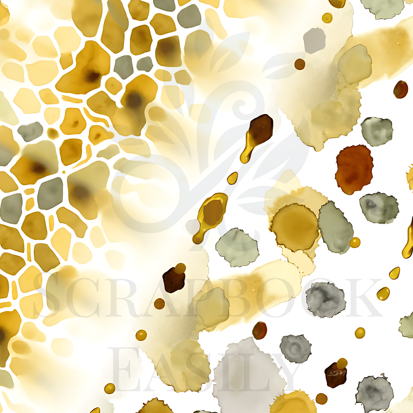 Scrapbooking digital paper with a honeycomb pattern & organic watercolor splotches in shades of gold, brown, & gray, ideal for creative crafts, digital design, & printable art projects.