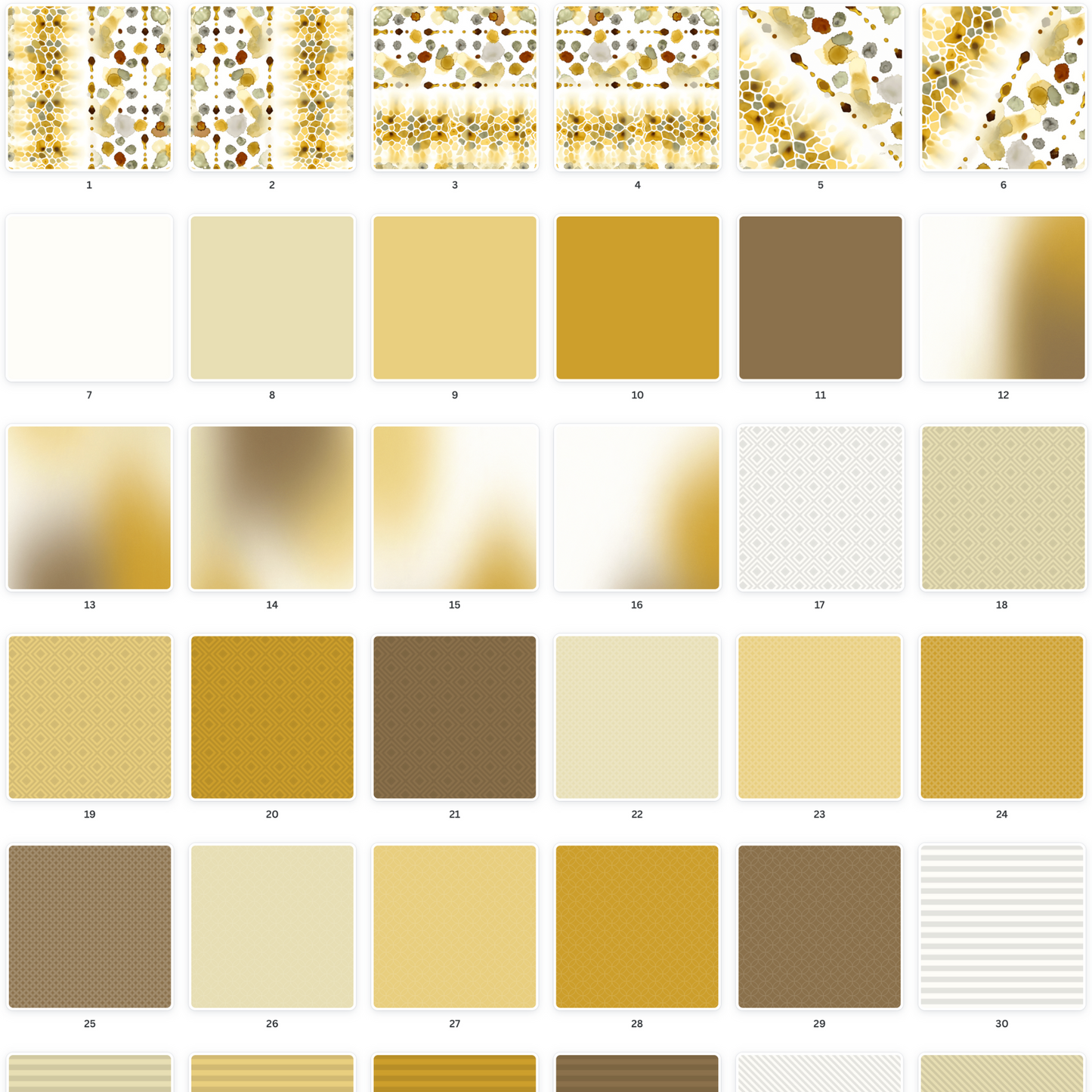 Collection of digital scrapbooking papers featuring golden honeycomb designs, various watercolor splash patterns, & textured backgrounds in earthy hues perfect for crafting, decorating, & printable projects.
