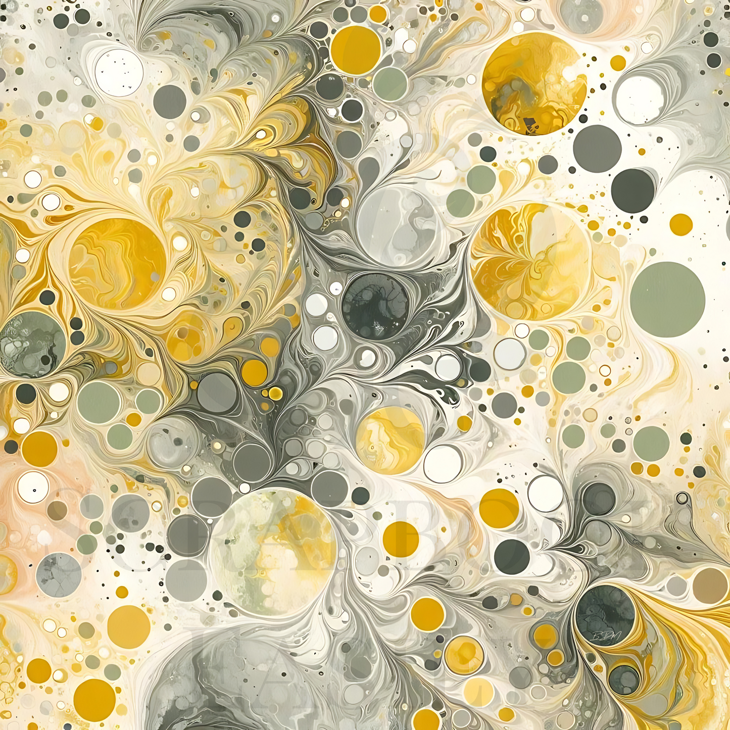 Abstract marbled paper design with a fusion of gold, gray, & cream tones, ideal for digital scrapbooking, artistic printables, & craft projects.