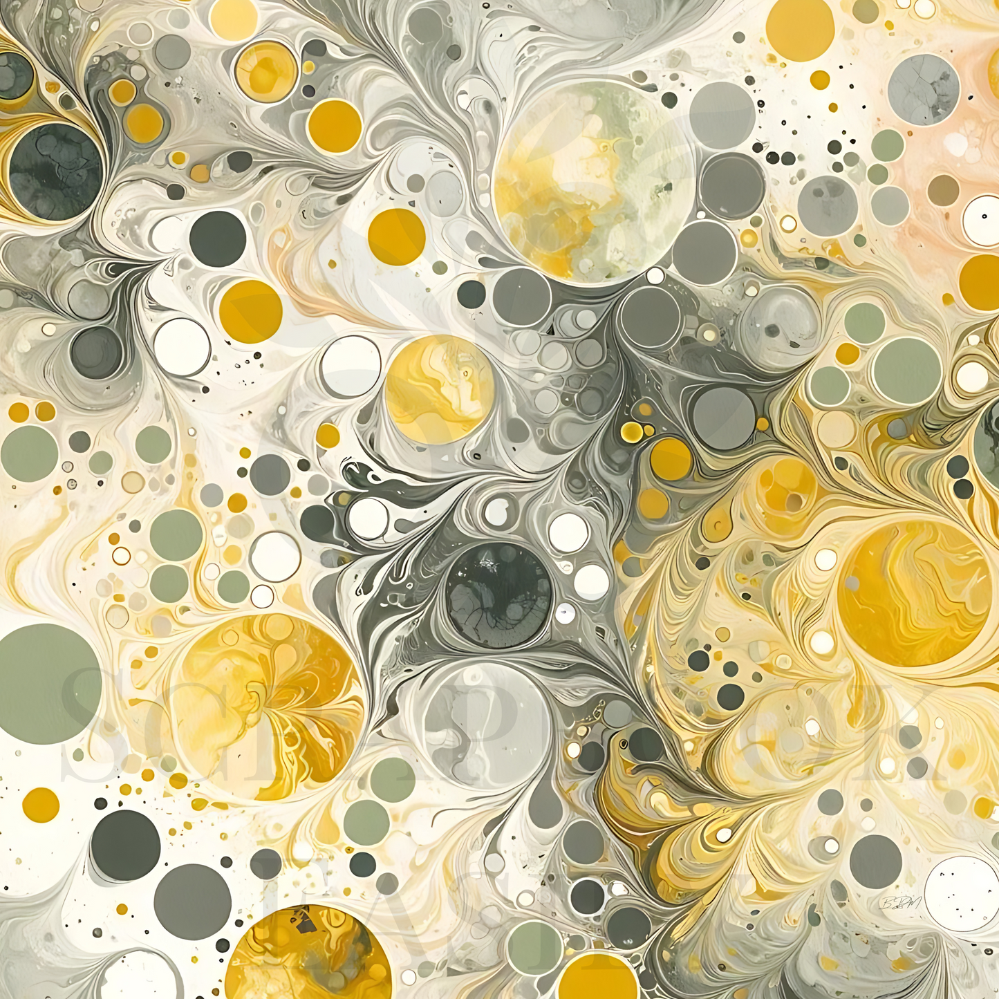 Abstract marbled paper design with swirls of grey, gold, & olive hues, ideal for high-quality scrapbooking printables & creative art projects.