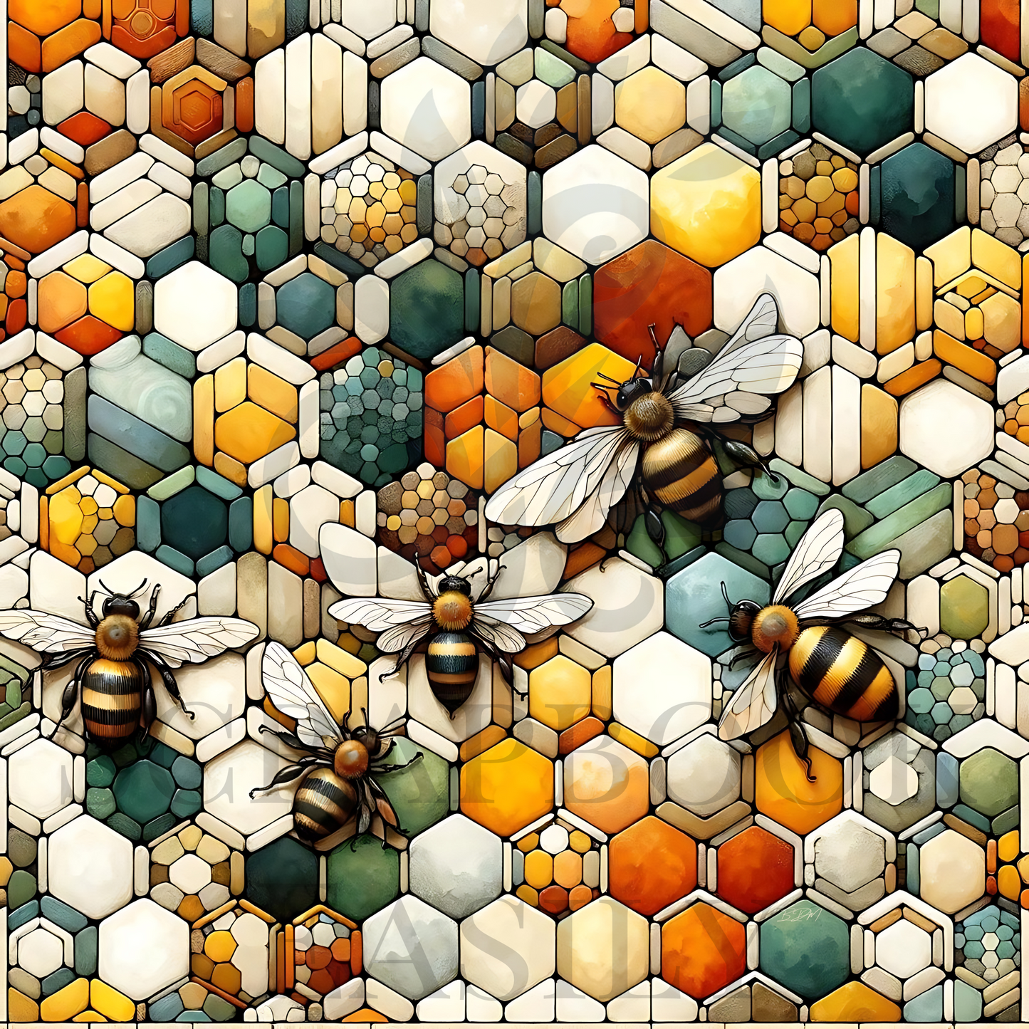 Digital scrapbooking paper featuring a geometric honeycomb pattern with realistic bees in various sizes, ideal for crafting, downloadable projects, & printable backgrounds.