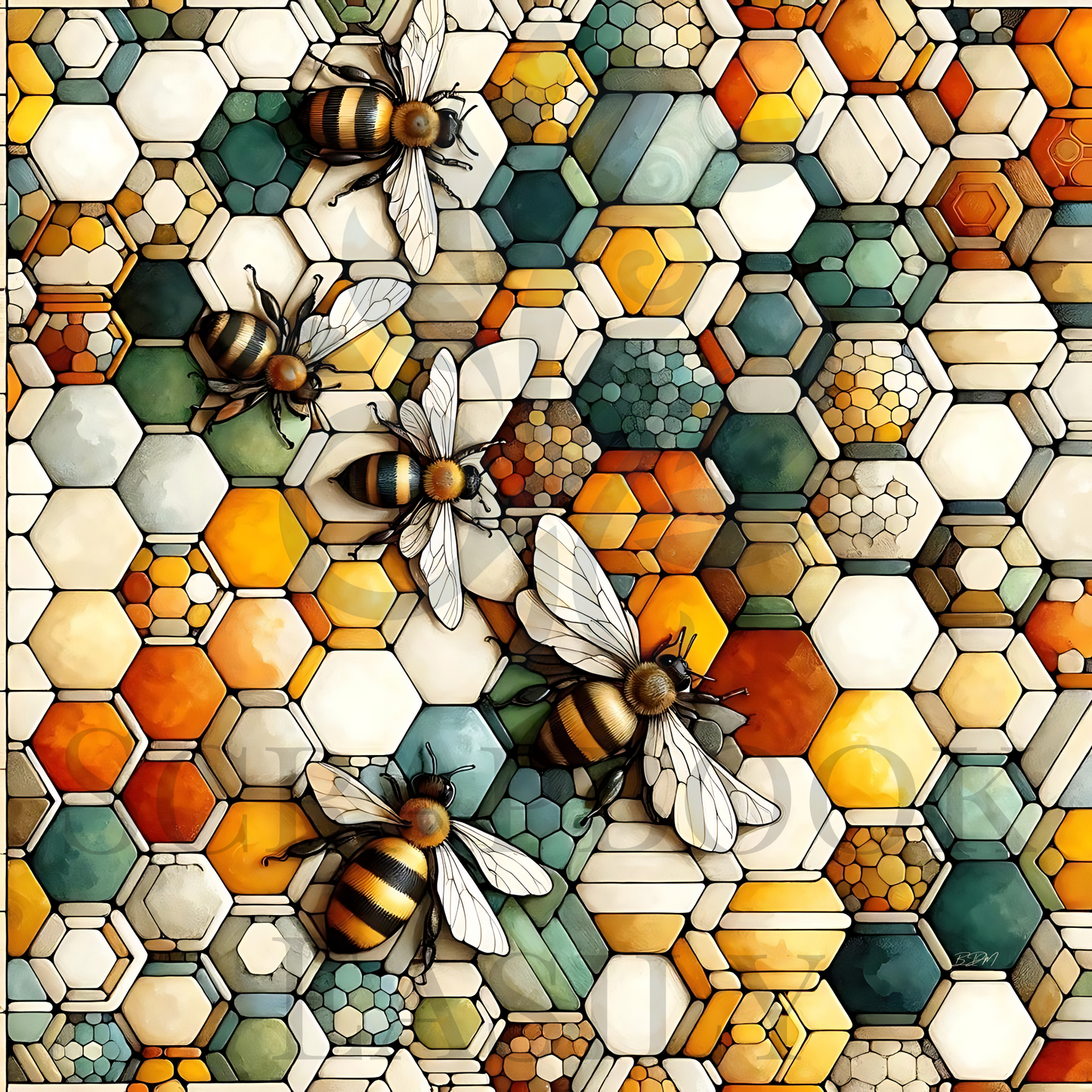 Decorative bee & honeycomb pattern scrapbooking paper, ideal for digital downloads, printable crafts, & creative scrapbooking, with intricate bee illustrations & a hexagonal mosaic in warm tones.
