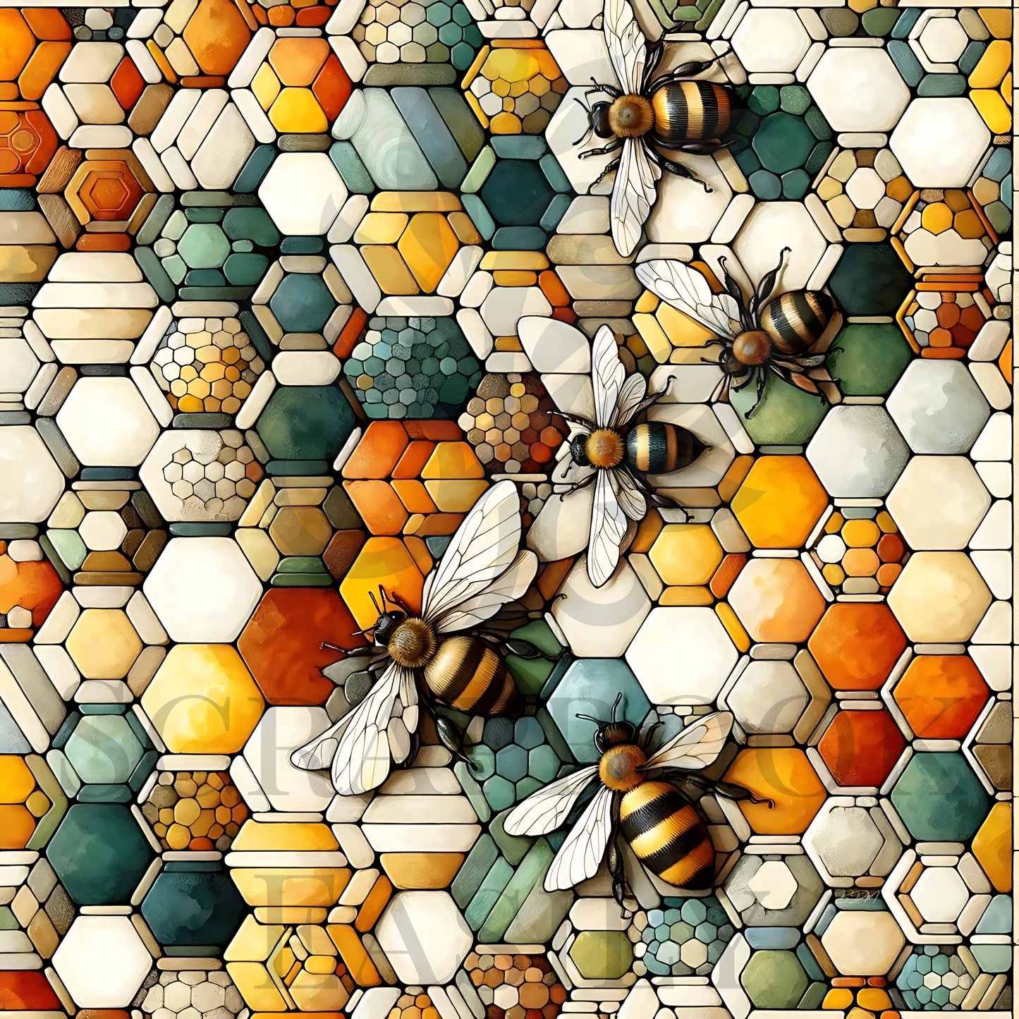 Vibrant bee & honeycomb digital scrapbooking design, perfect for crafting, download, & print projects, featuring detailed bees on a colorful, tessellated hexagon background.