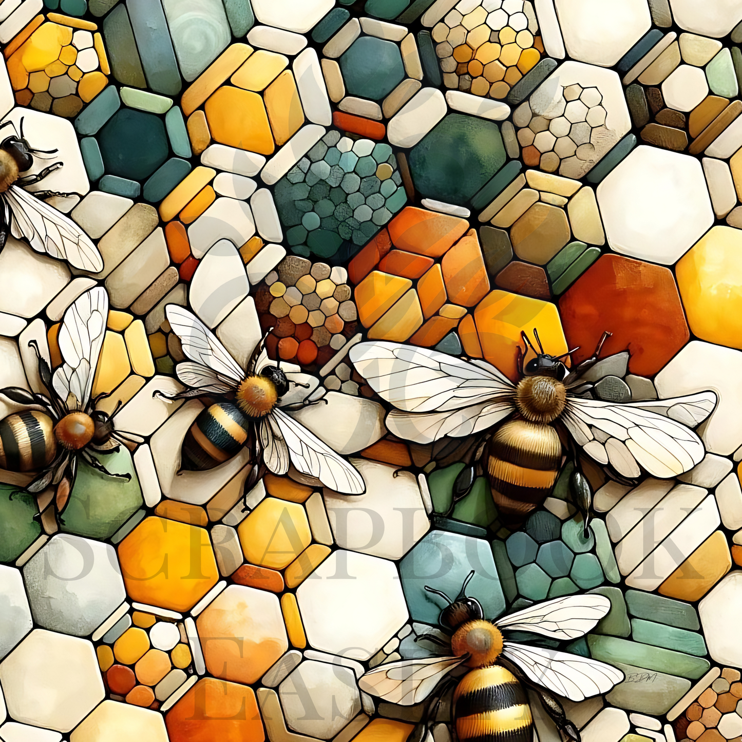 Stylized bees with intricate wings over a multicolored hexagonal pattern, ideal for scrapbooking, available for download & print, enhancing DIY crafts with a natural, honeycomb theme.
