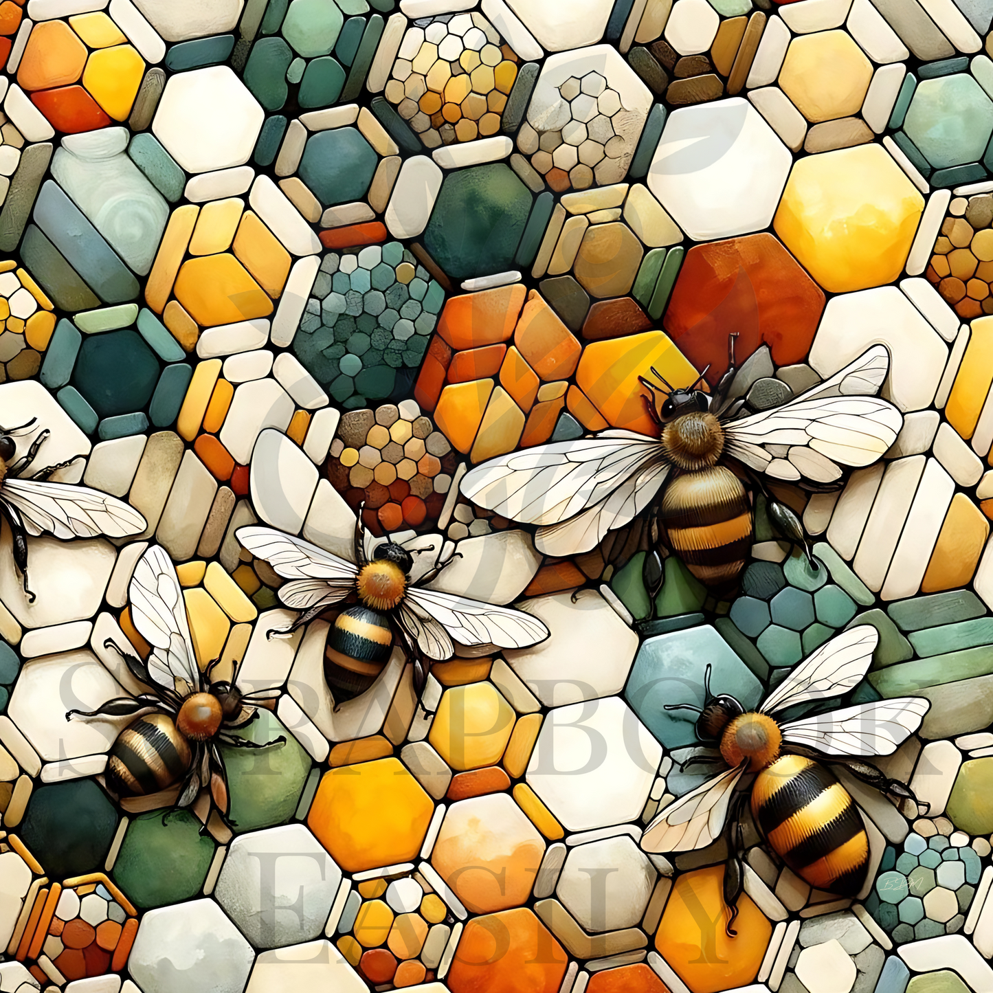 Artistic depiction of bees on a hexagon mosaic in warm tones, perfect for scrapbooking projects, available in high-quality download & print formats, featuring a nature-inspired, geometric design.